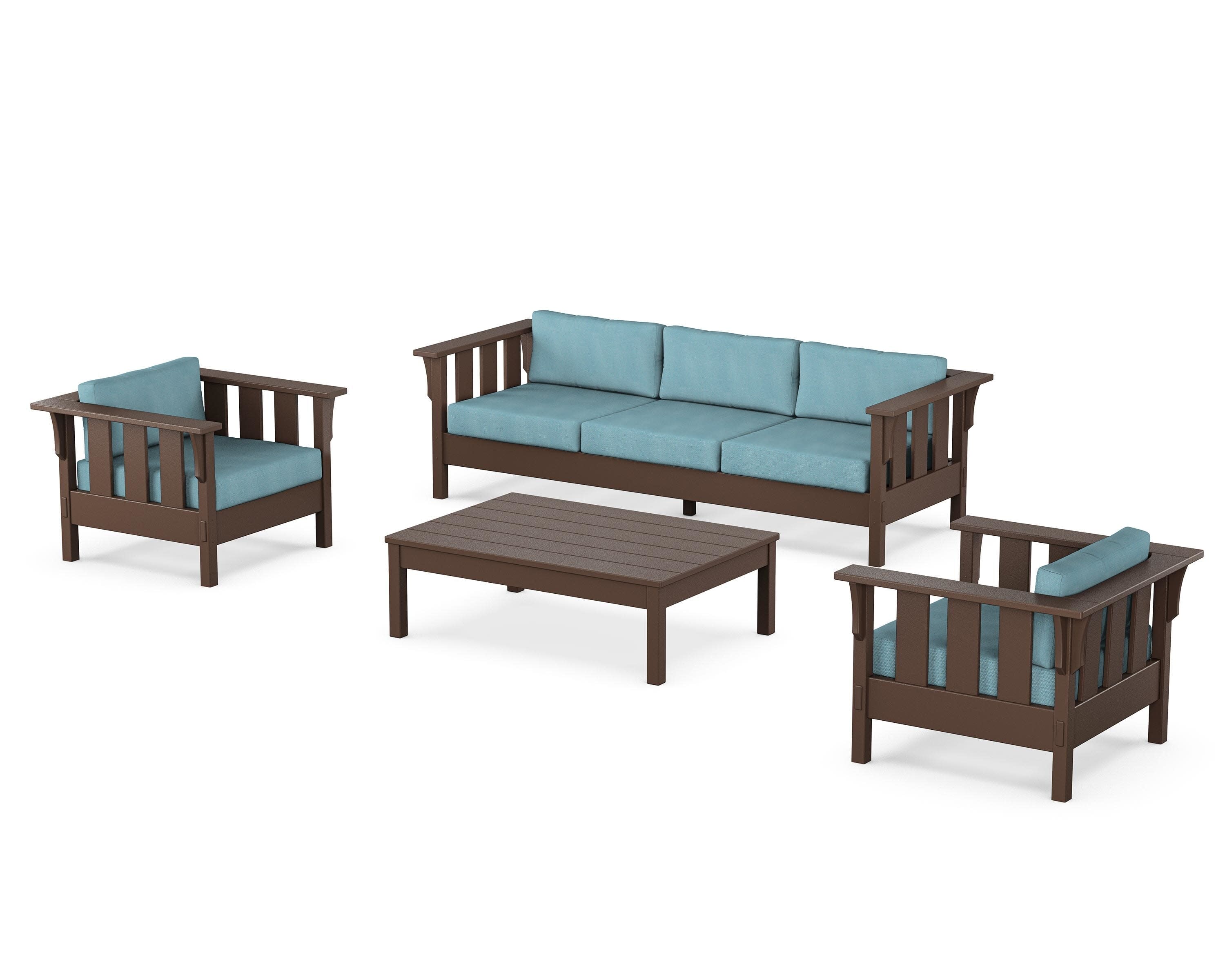 Acadia 4-Piece Deep Seating Set with Sofa in Mahogany / Lattice Sky Blue