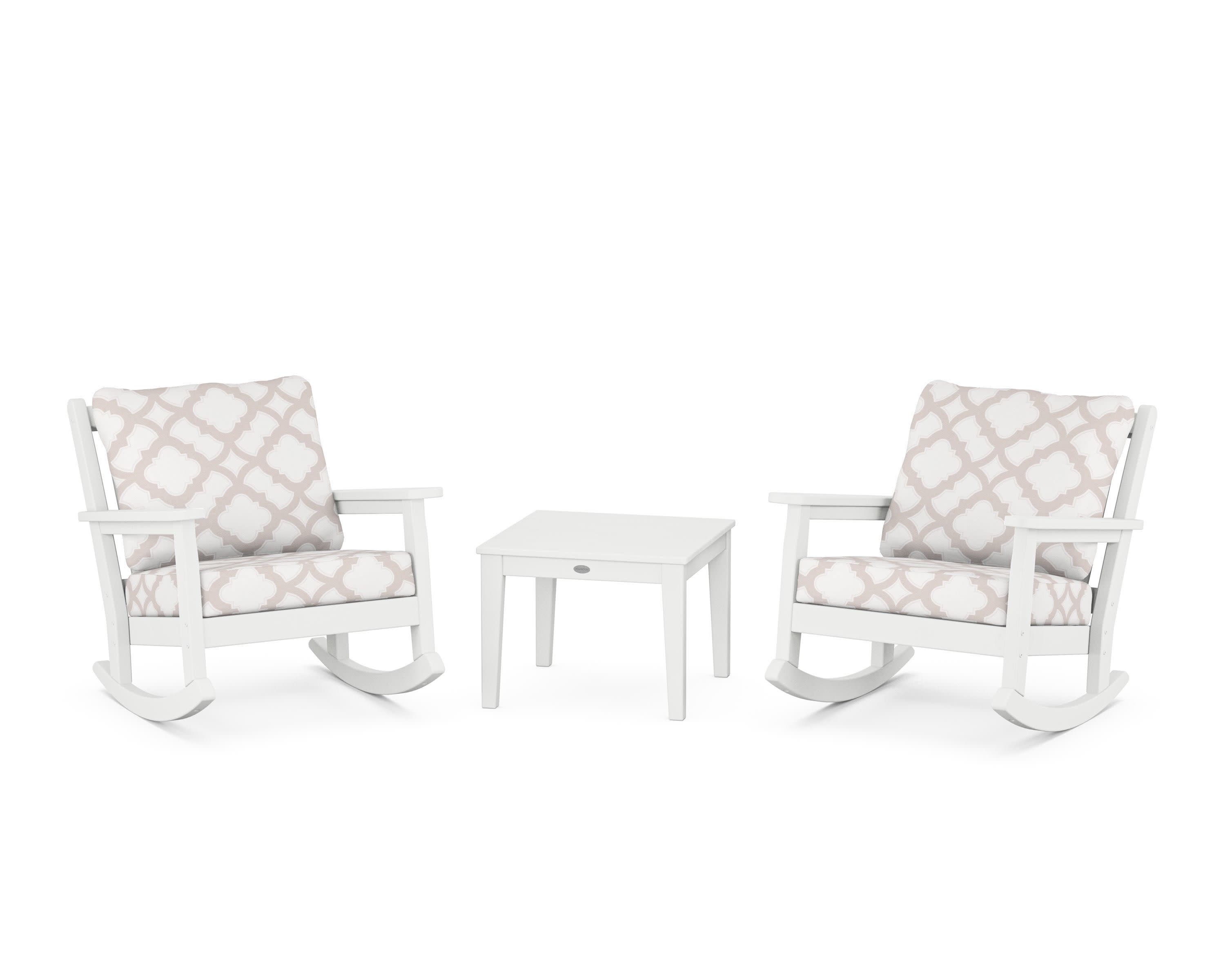 Chippendale 3-Piece Deep Seating Rocker Set in White / Trellis Dune Burlap