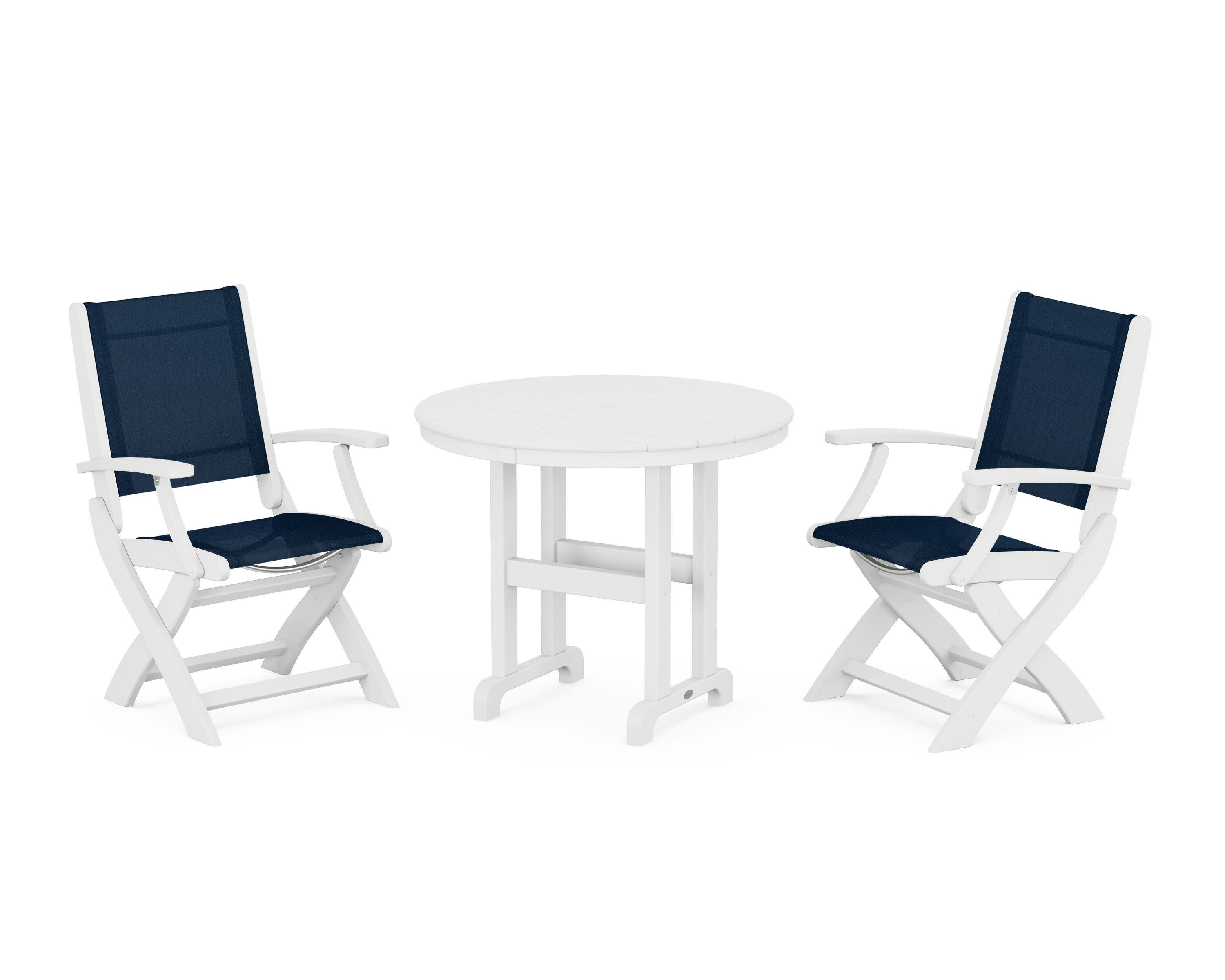 Coastal Folding Chair 3-Piece Round Dining Set in White / Navy Blue Sling
