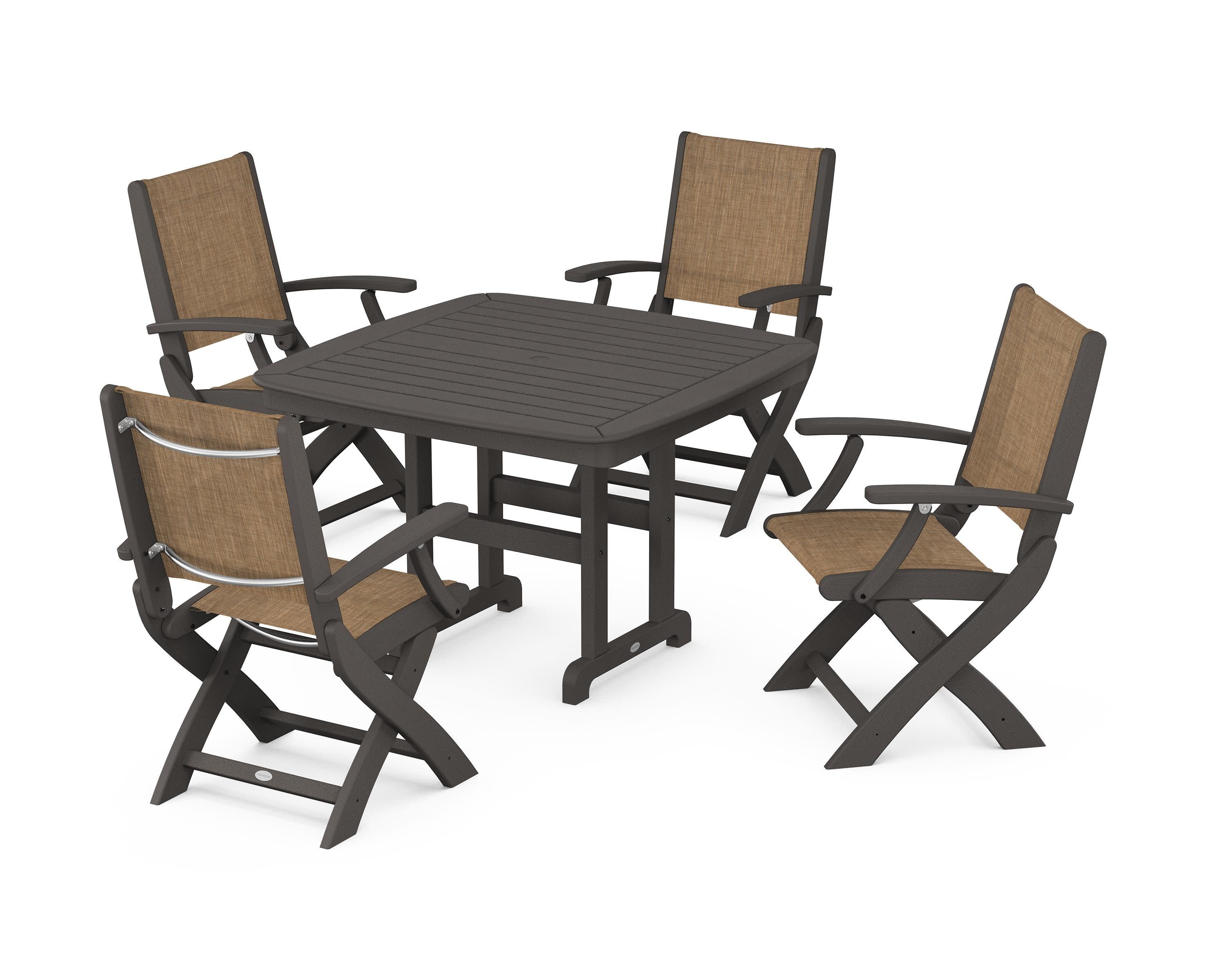 Coastal Folding Chair 5-Piece Dining Set in Vintage Coffee / Burlap Sling