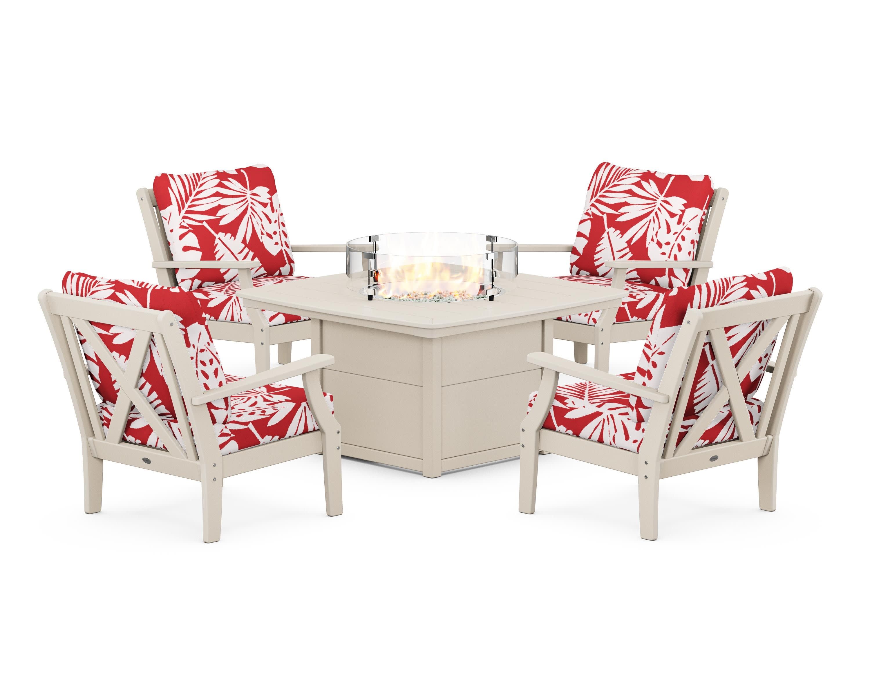Braxton 5-Piece Deep Seating Conversation Set with Fire Pit Table in Sand / Leaf Crimson