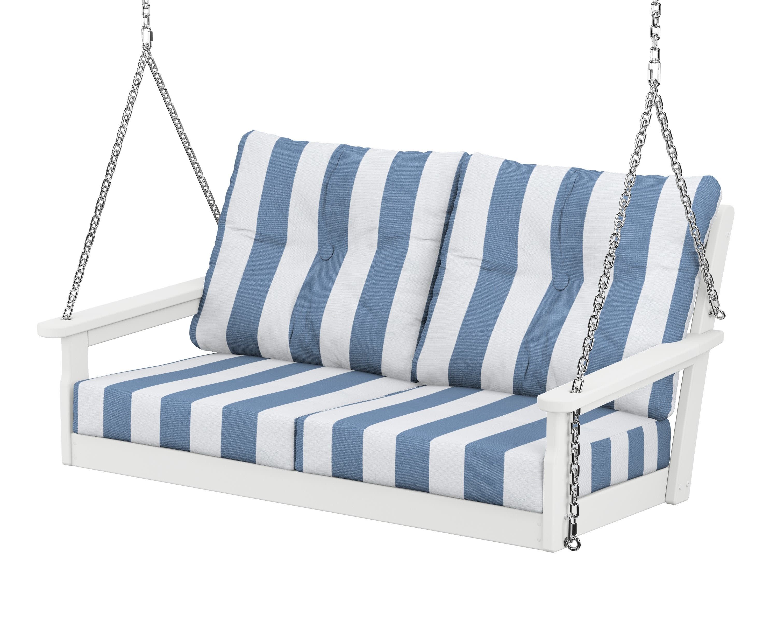 Vineyard Deep Seating Swing in White / Cabana Stripe Sky Blue