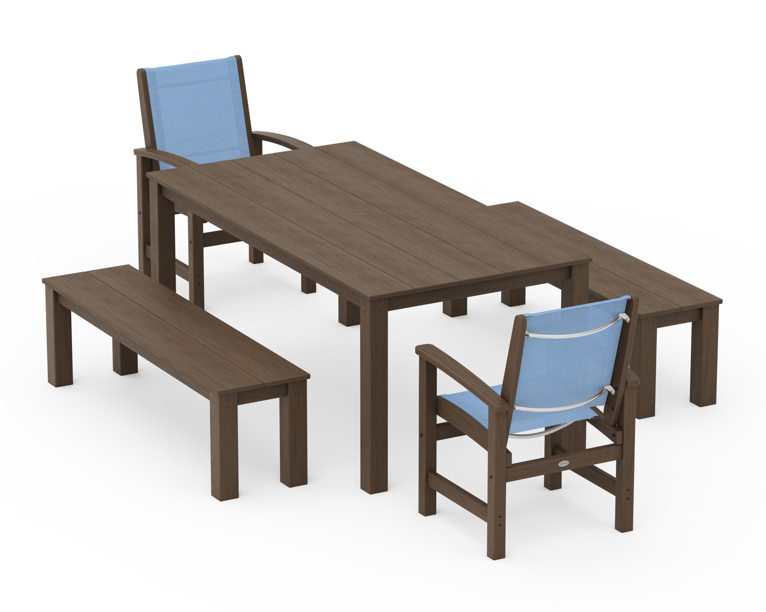 Coastal 5-Piece Parsons Dining Set with Benches in Kona / Poolside Sling