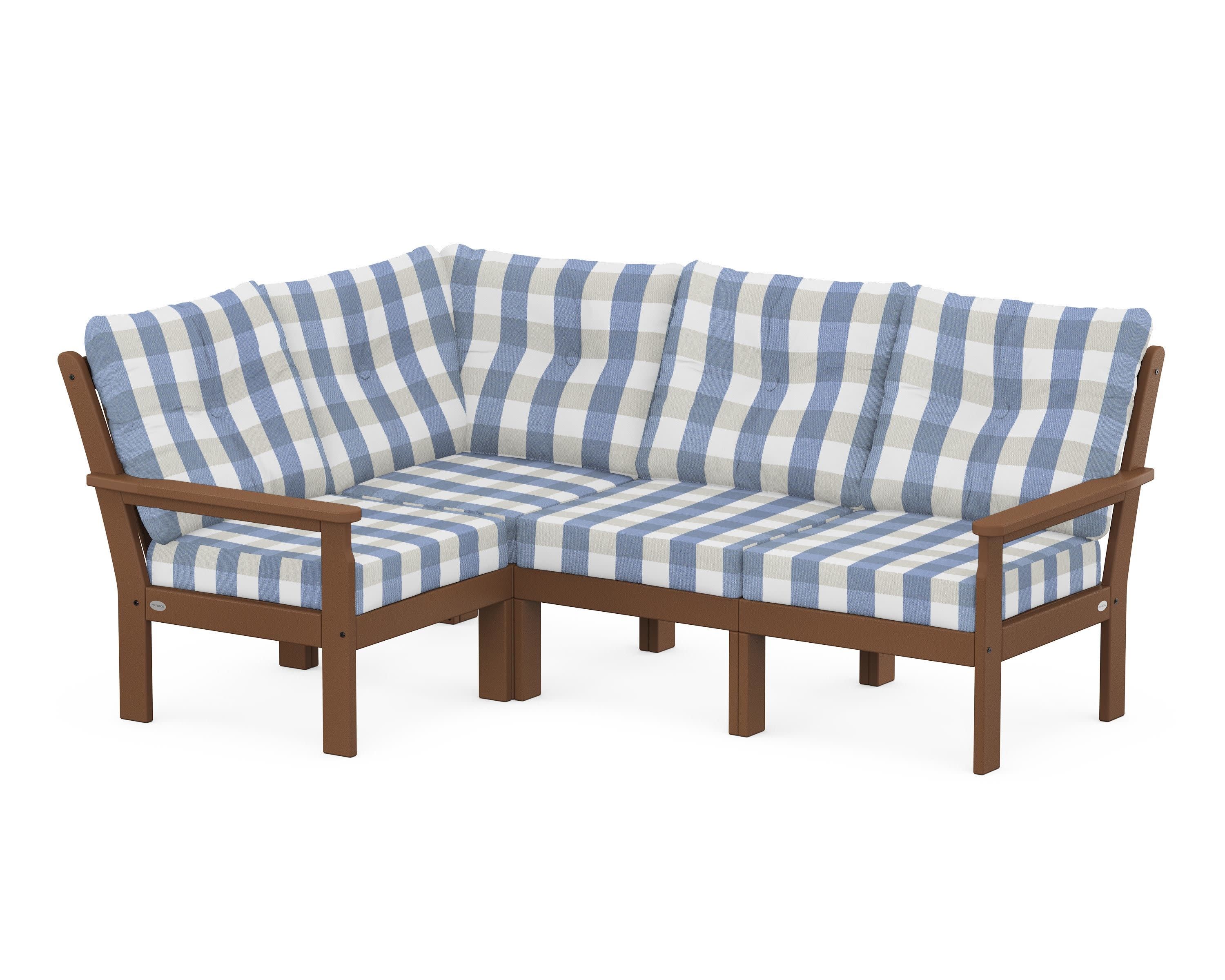 Vineyard 4-Piece Sectional in Teak / Buffalo Plaid Sky Blue