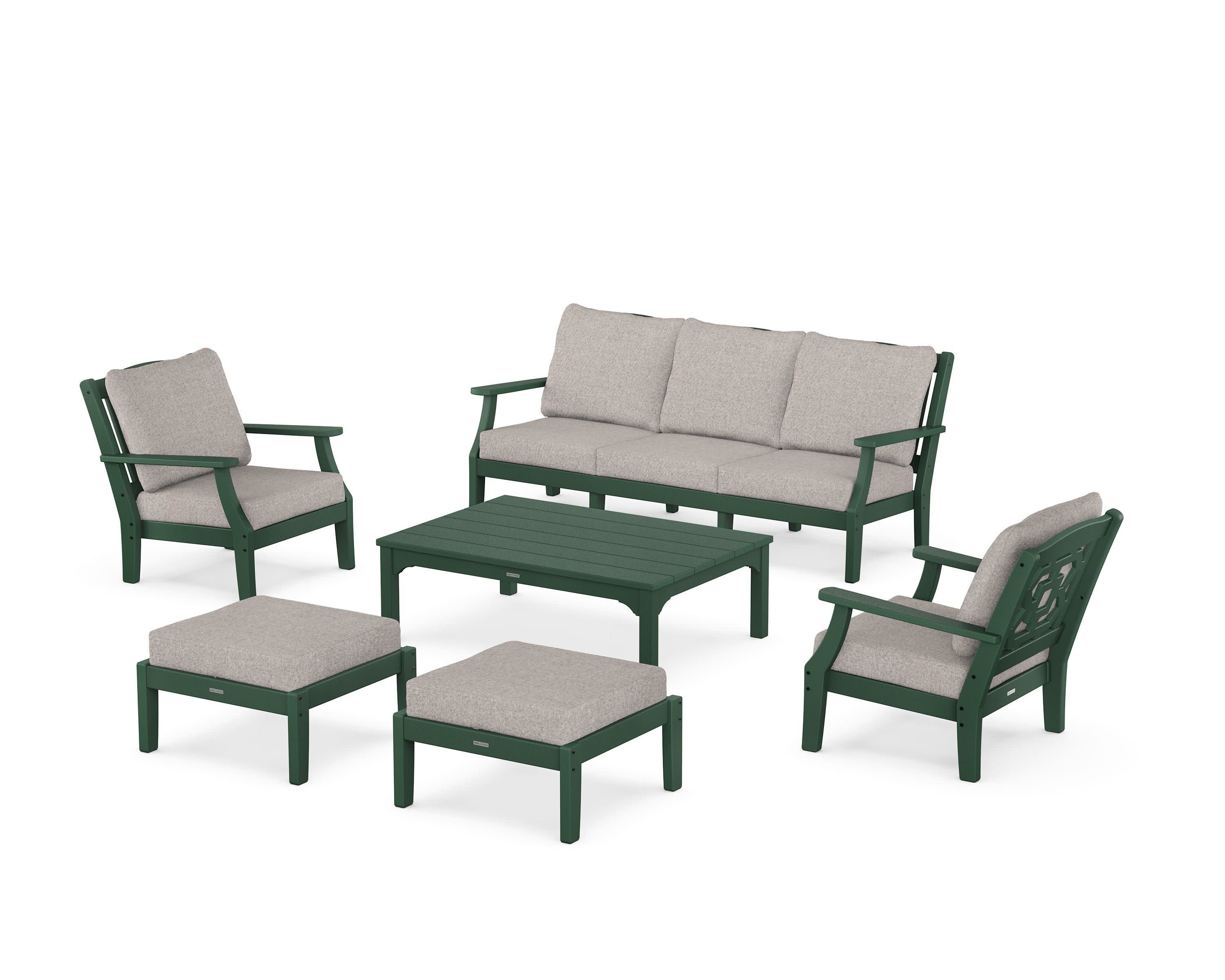 Chinoiserie 6-Piece Lounge Sofa Set in Green / Weathered Tweed