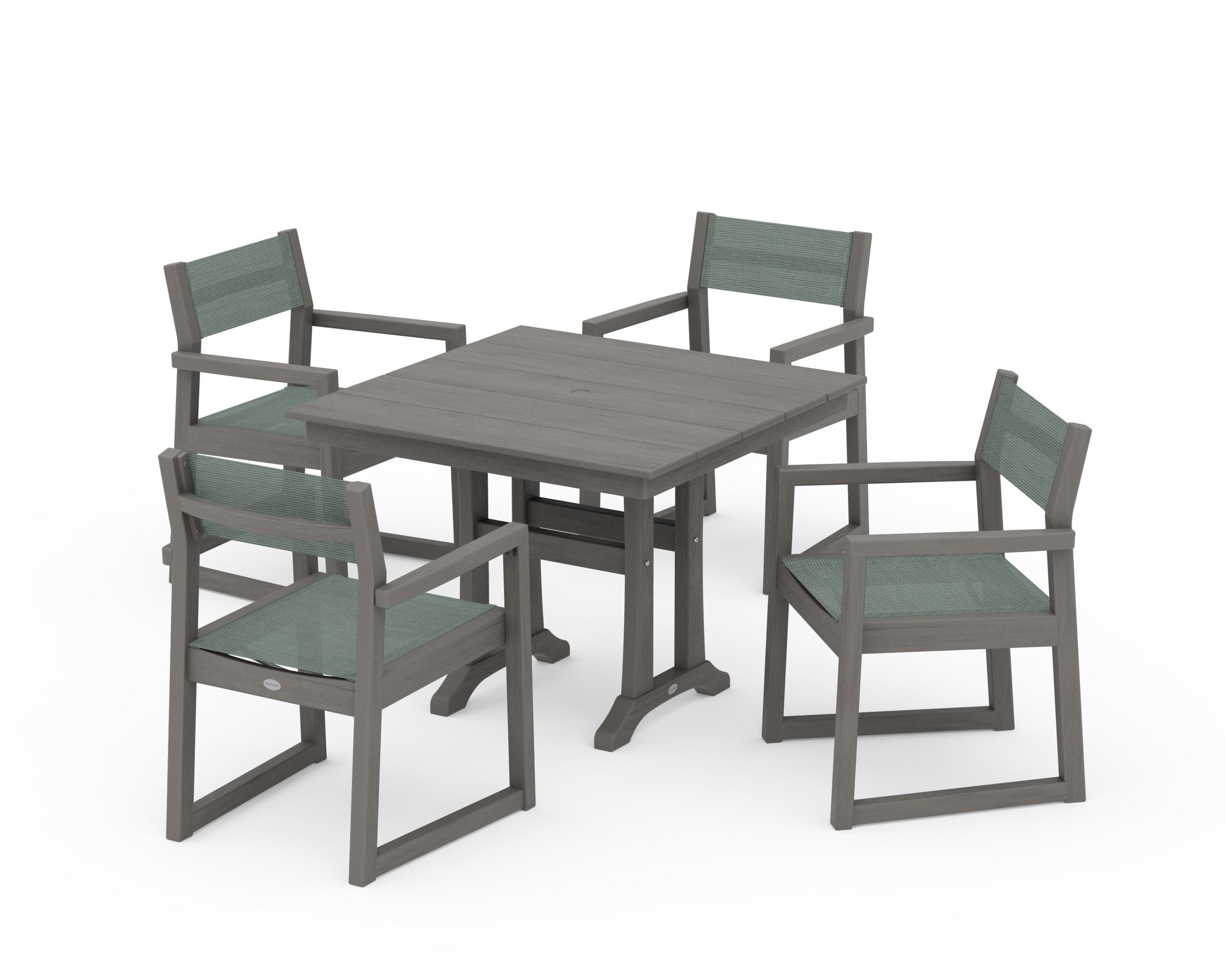 EDGE Sling 5-Piece Farmhouse Dining Set with Trestle Legs in Driftwood / Dupioni Sea Mist Sling