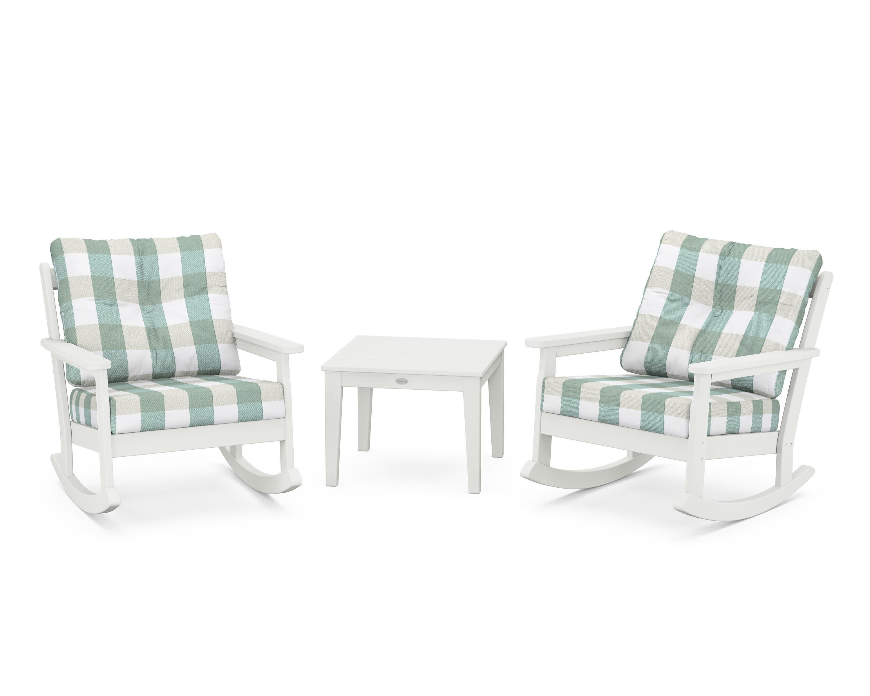 Vineyard 3-Piece Deep Seating Rocker Set in Vintage White / Buffalo Plaid Glacier Spa