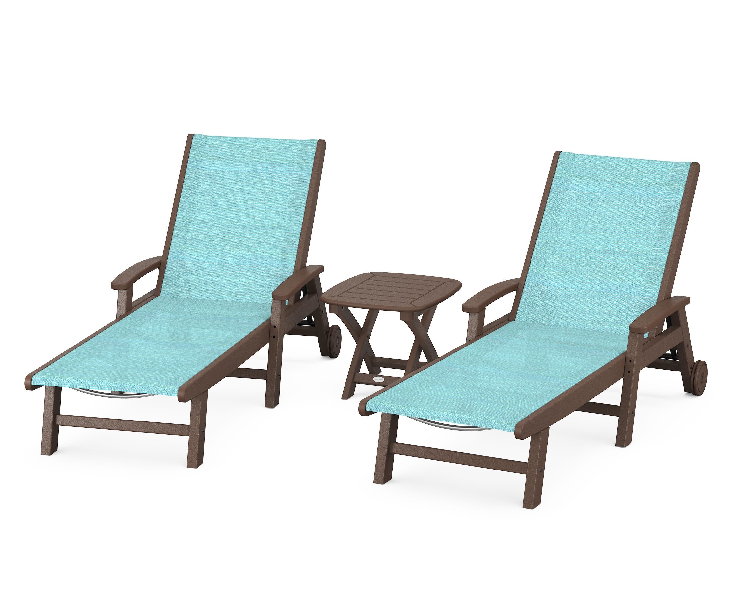 Coastal 3-Piece Wheeled Chaise Set in Mahogany / Dupioni Aquamarine Sling