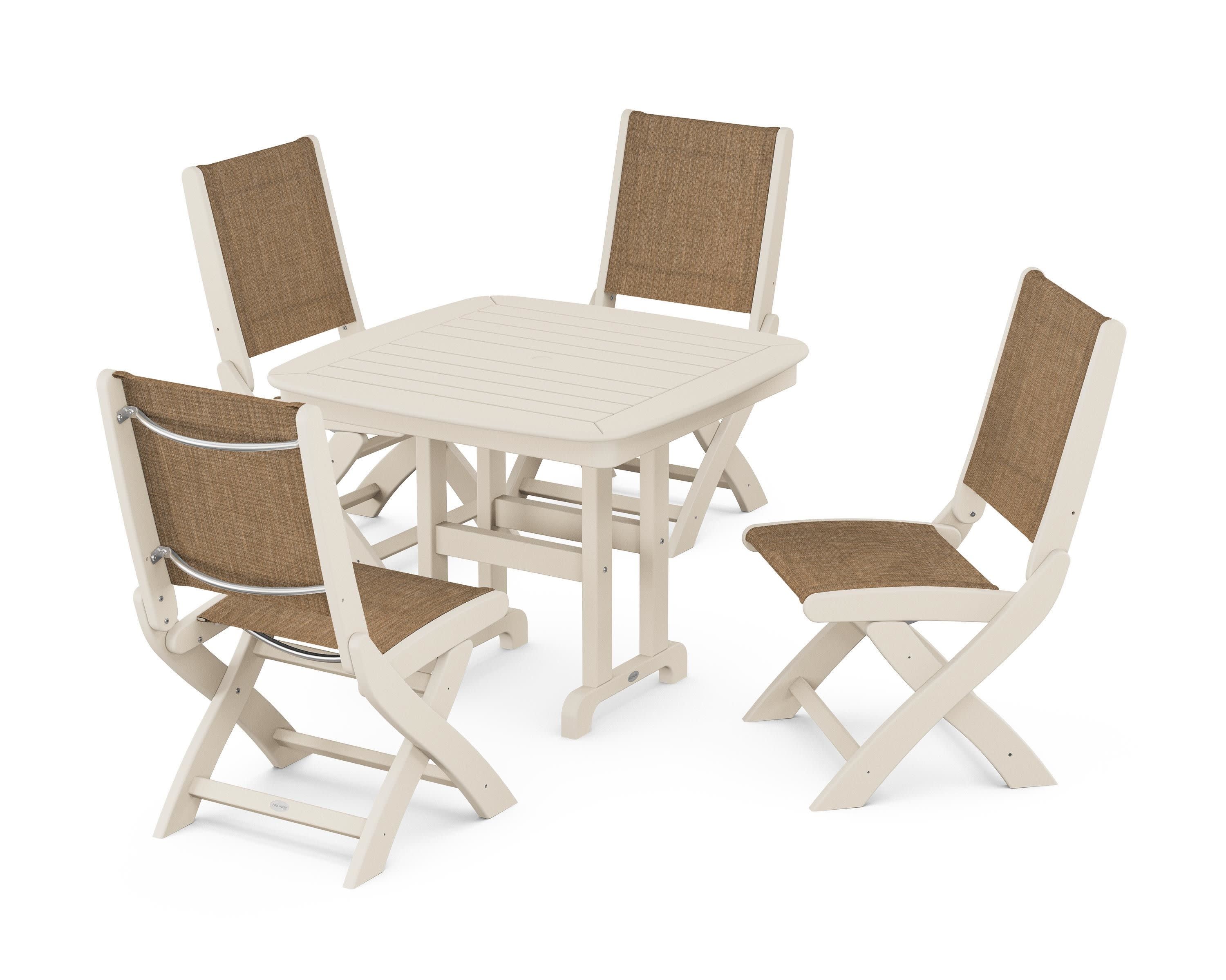Coastal Folding Side Chair 5-Piece Dining Set in Sand / Burlap Sling