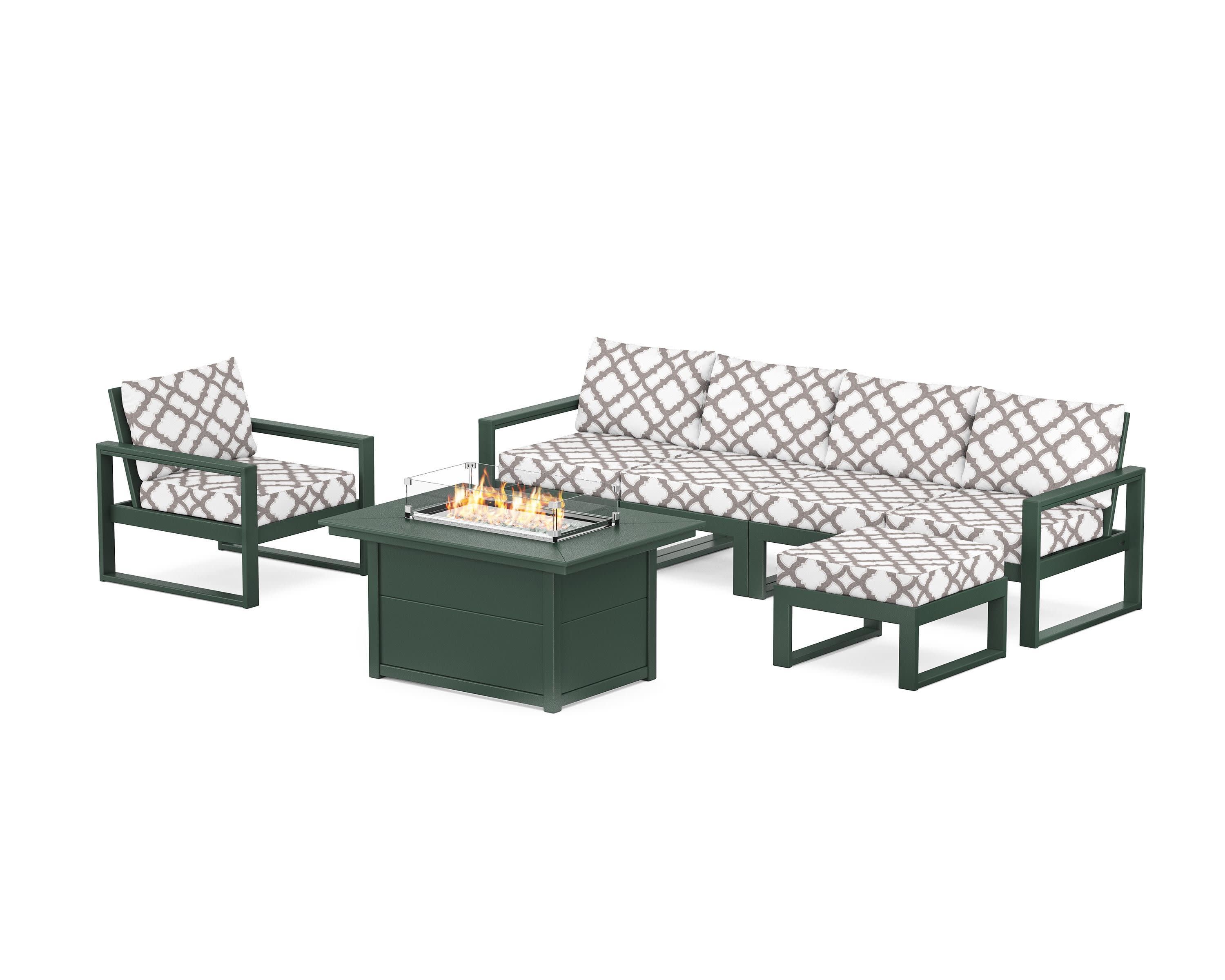 EDGE Sectional Lounge and Fire Pit Set in Green / Trellis Grey Mist