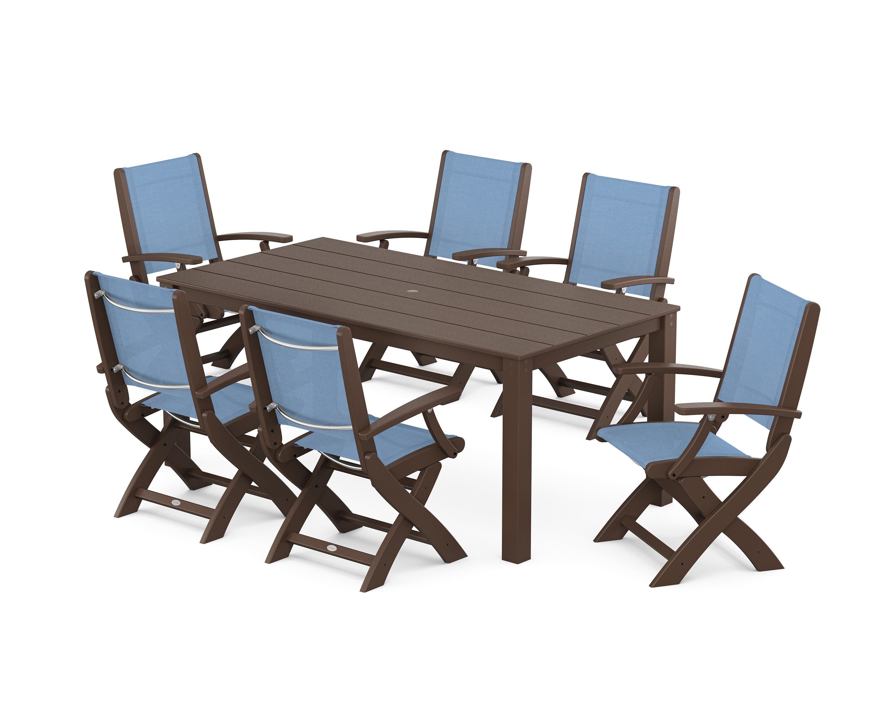 Coastal Folding Chair 7-Piece Parsons Dining Set in Mahogany / Poolside Sling