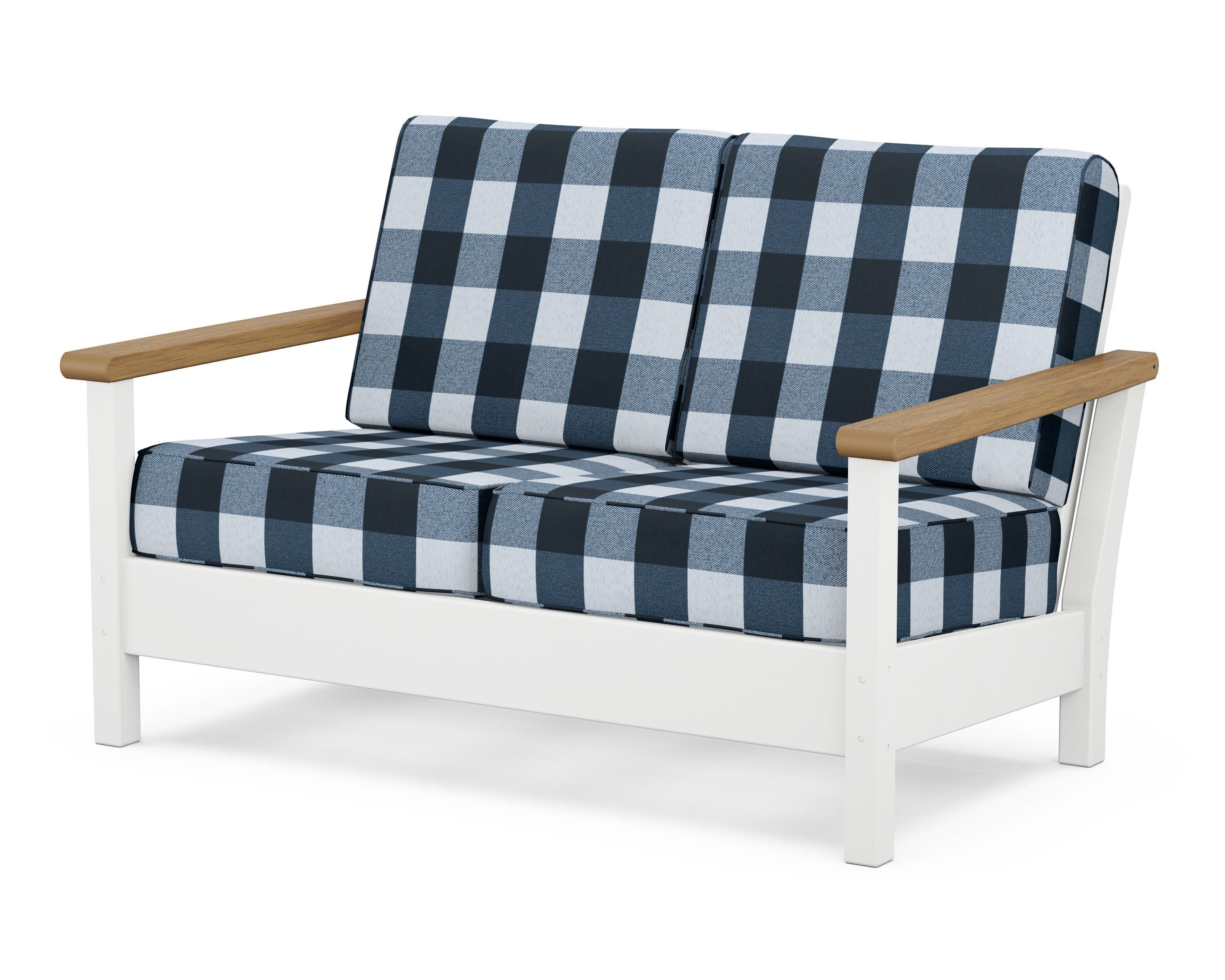 Harbour Deep Seating Loveseat in White / Natural / Buffalo Plaid Marine Indigo