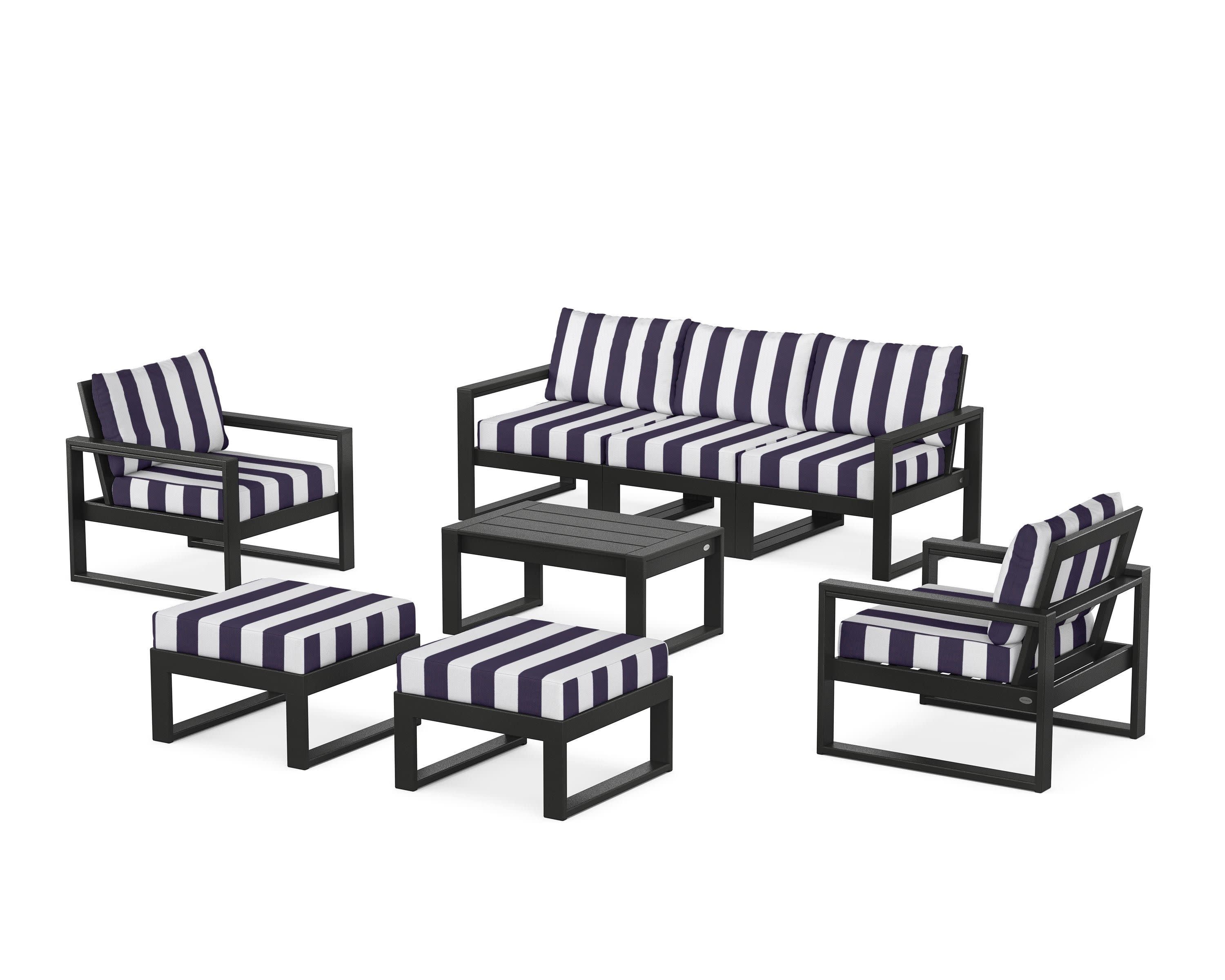 EDGE Sectional 8-Piece Lounge Sofa Set in Black / Cabana Stripe Navy