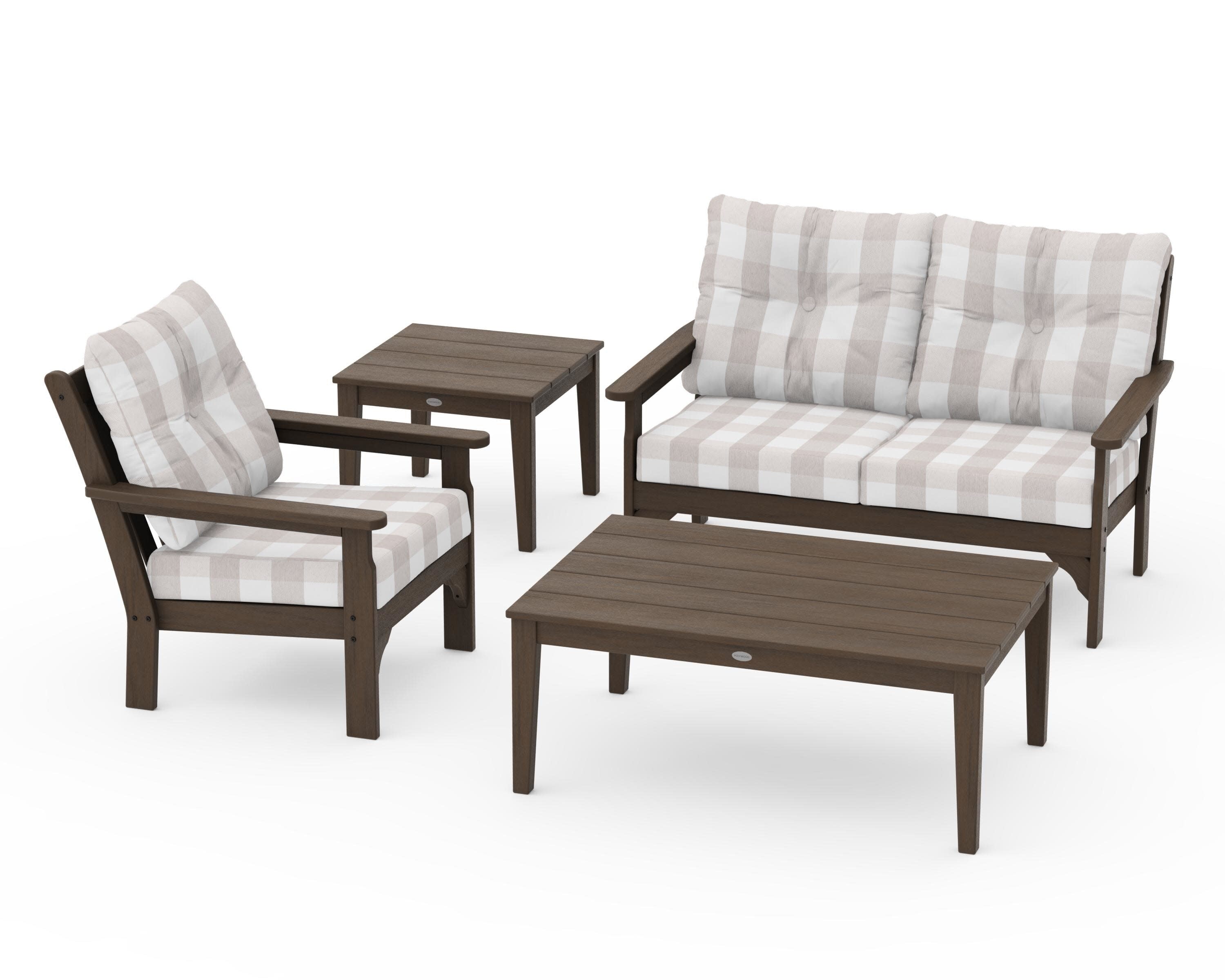 Vineyard 4-Piece Deep Seating Set in Kona / Buffalo Plaid Dune Burlap