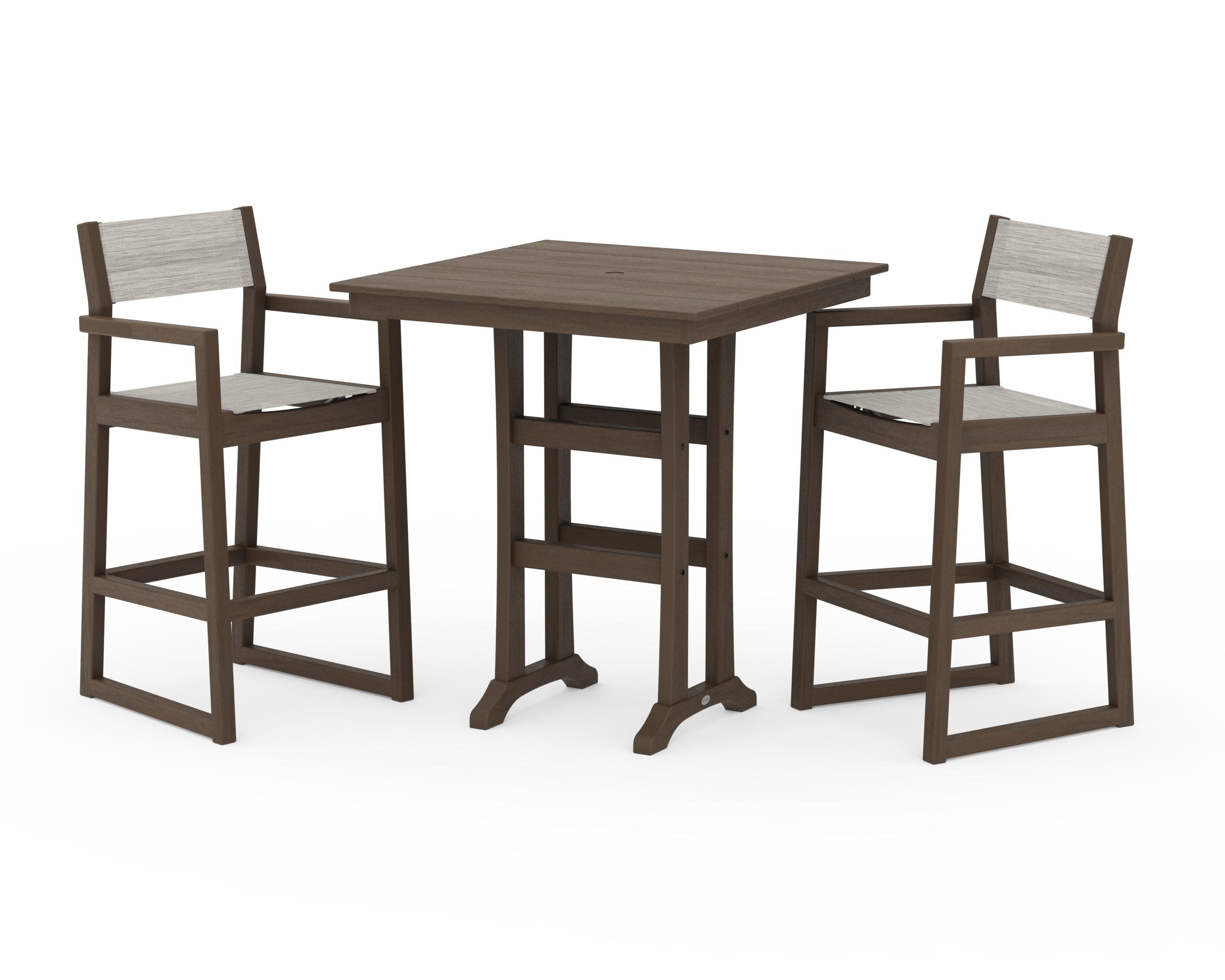 EDGE Sling Arm Chair 3-Piece Farmhouse Bar Set with Trestle Legs in Kona / Birch Sling