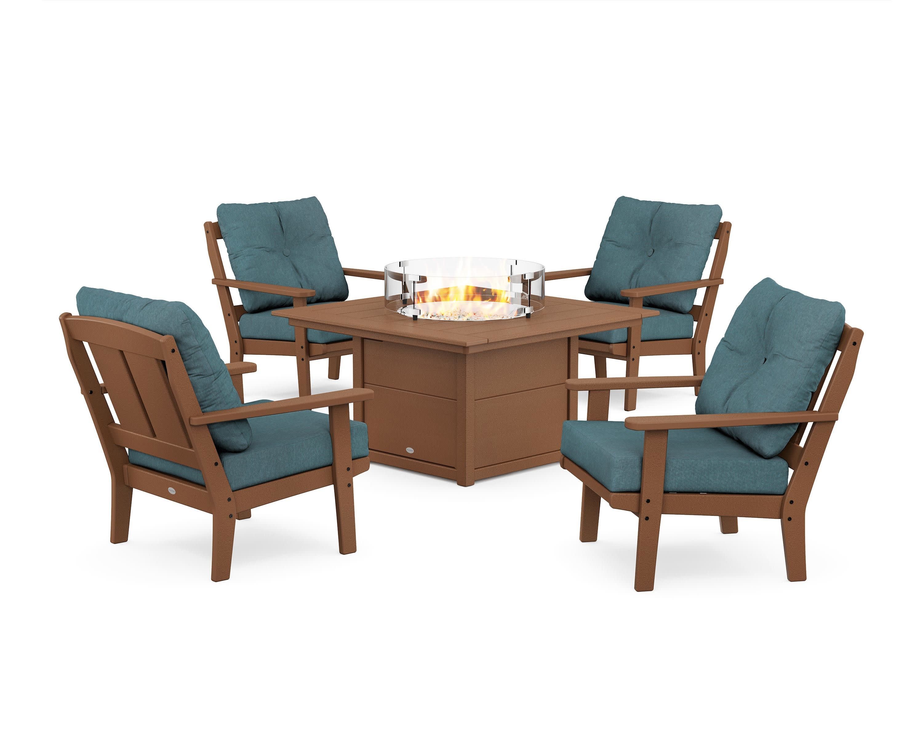 Mission 5-Piece Deep Seating Set with Fire Pit Table in Teak / Ocean Teal