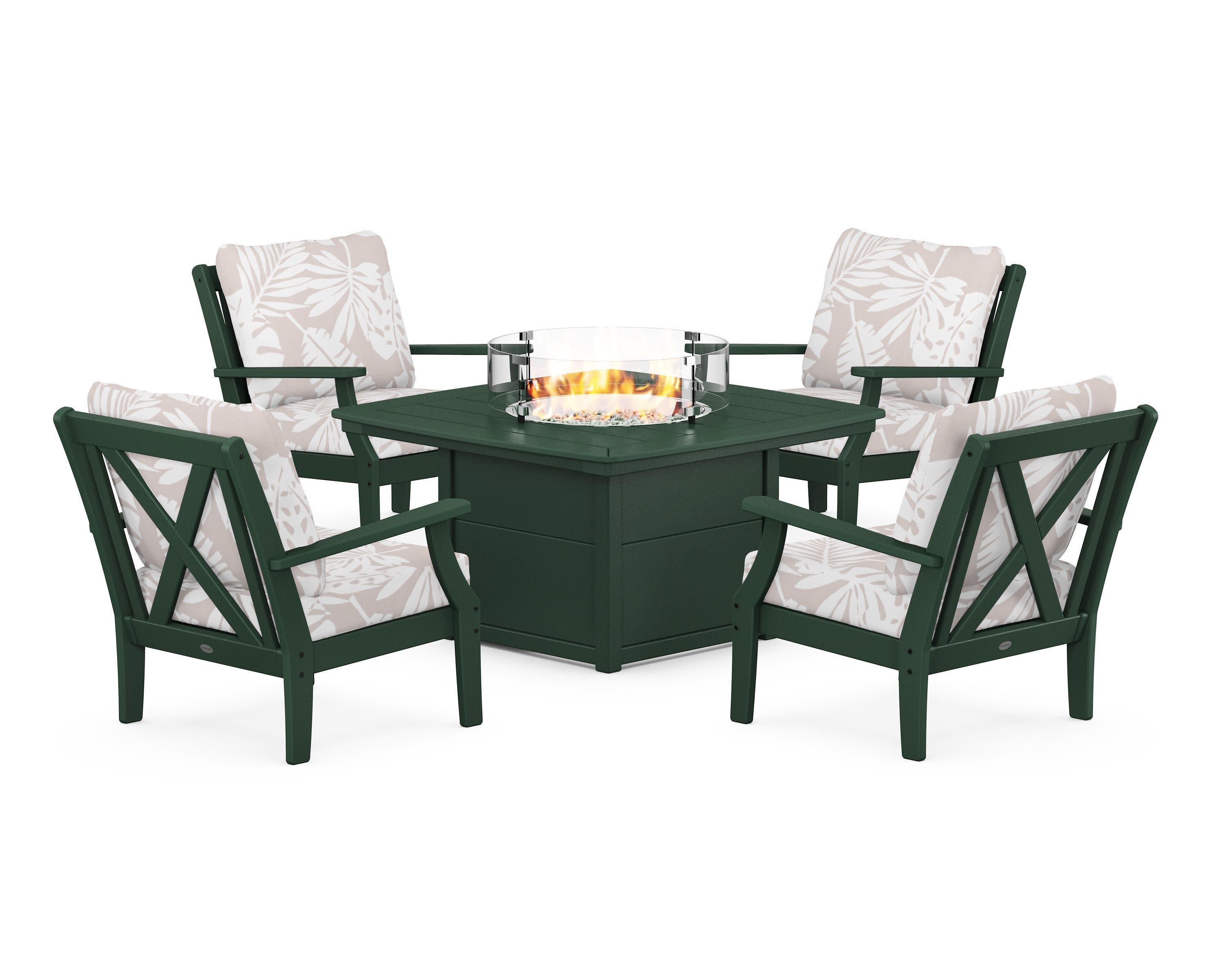 Braxton 5-Piece Deep Seating Conversation Set with Fire Pit Table in Green / Leaf Dune Burlap