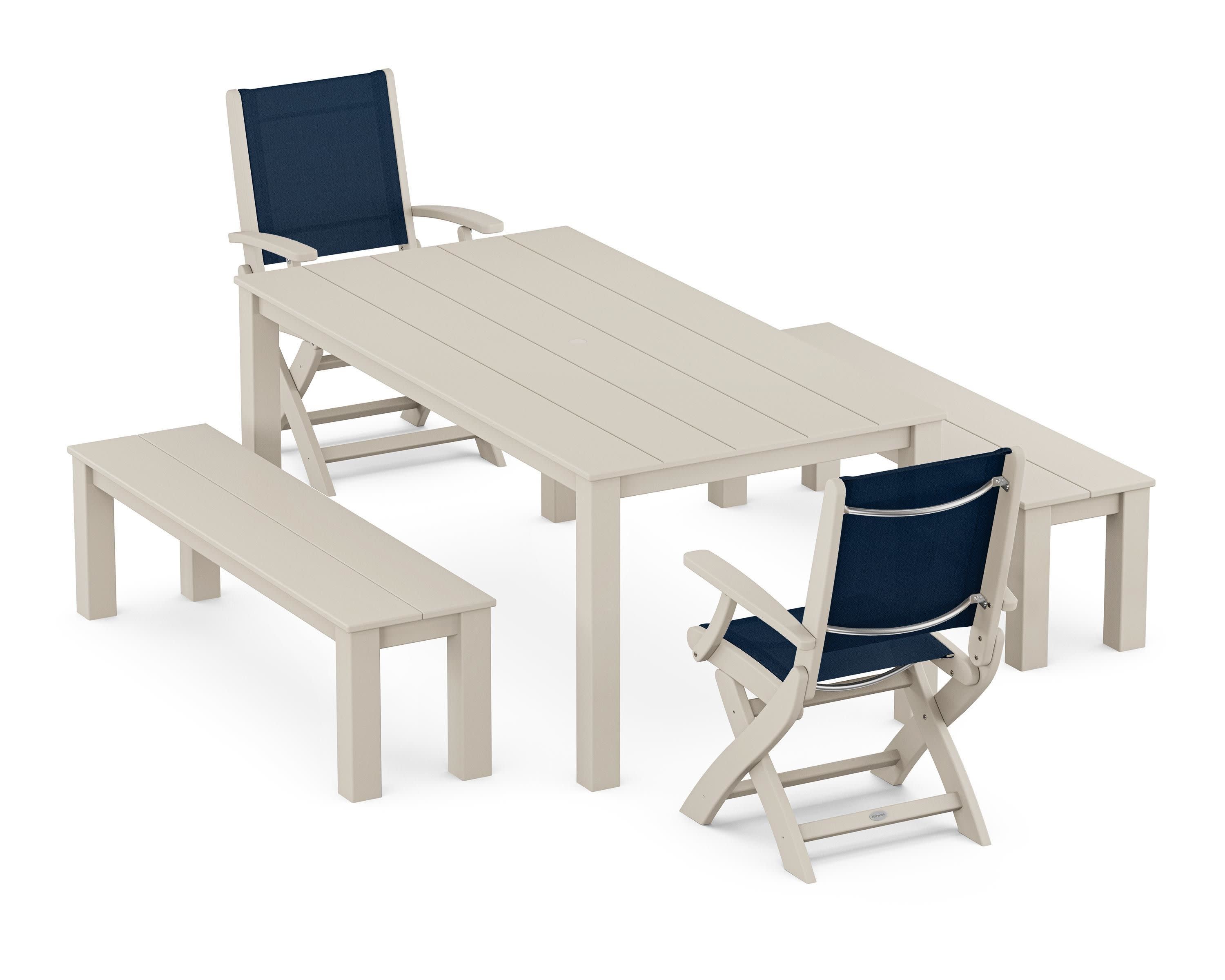 Coastal Folding Chair 5-Piece Parsons Dining Set with Benches in Sand / Navy Blue Sling