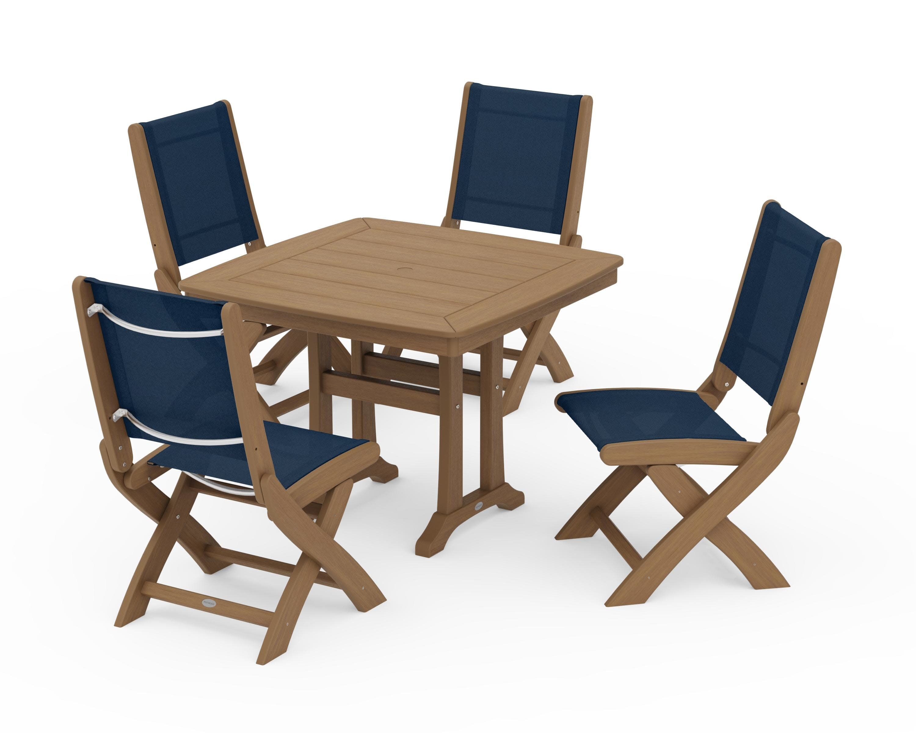 Coastal Folding Side Chair 5-Piece Dining Set with Trestle Legs in Natural / Navy Blue Sling