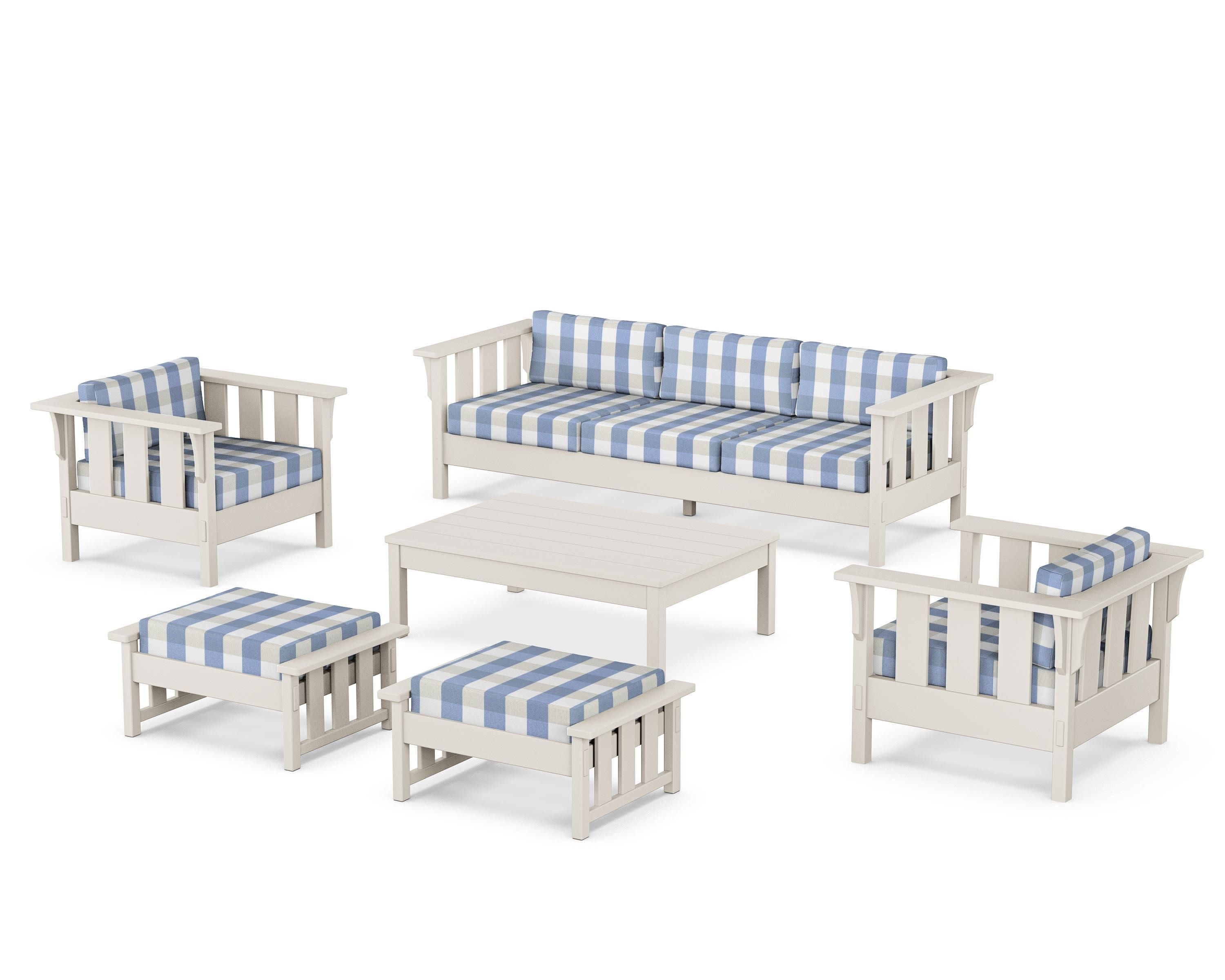 Acadia 6-Piece Lounge Sofa Set in Sand / Buffalo Plaid Sky Blue