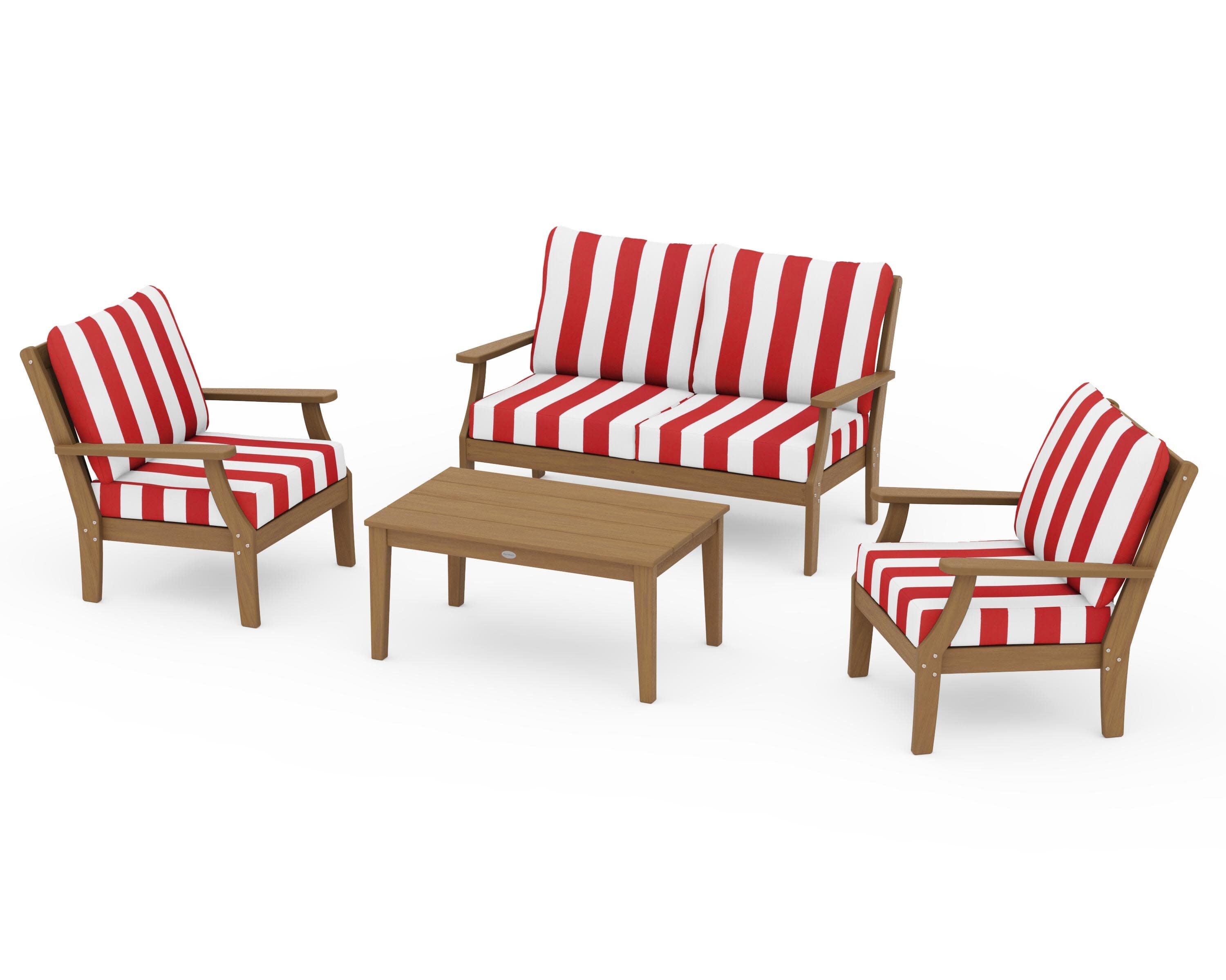 Braxton 4-Piece Deep Seating Chair Set in Natural / Cabana Stripe Crimson