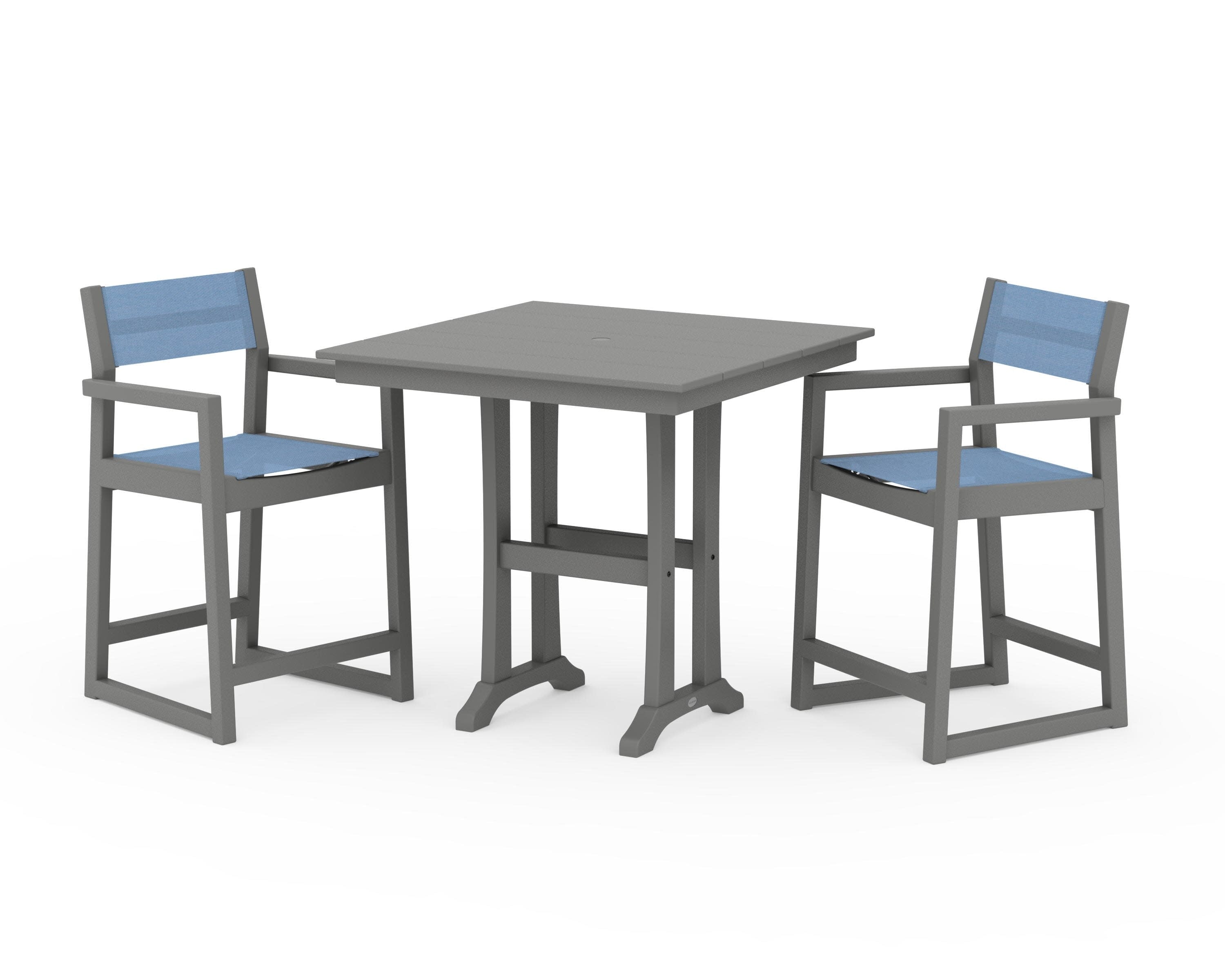 EDGE Sling Arm Chair 3-Piece Farmhouse Counter Set with Trestle Legs in Slate Grey / Poolside Sling