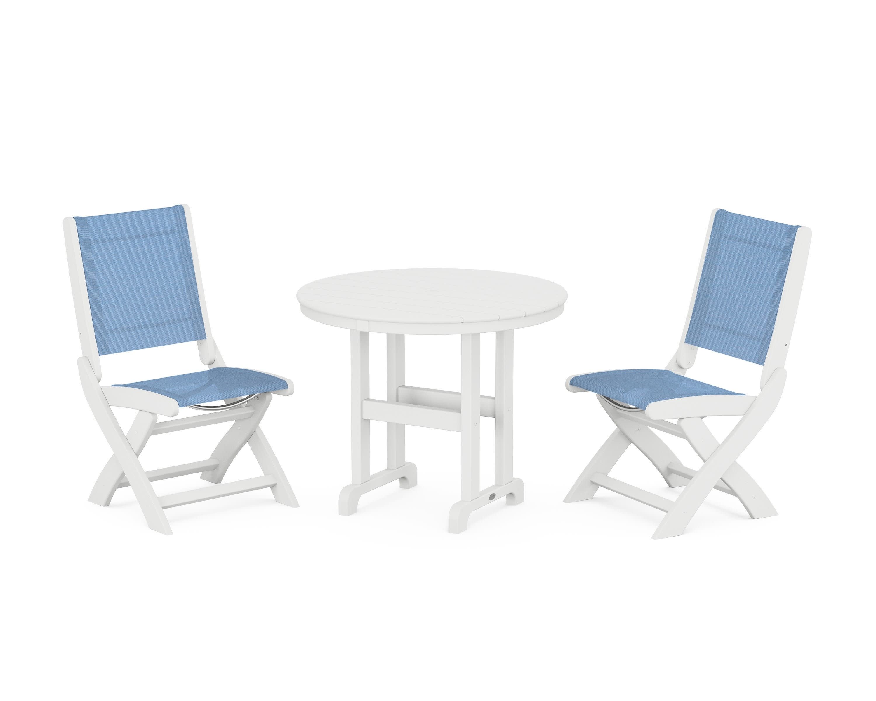 Coastal Folding Side Chair 3-Piece Round Dining Set in White / Poolside Sling