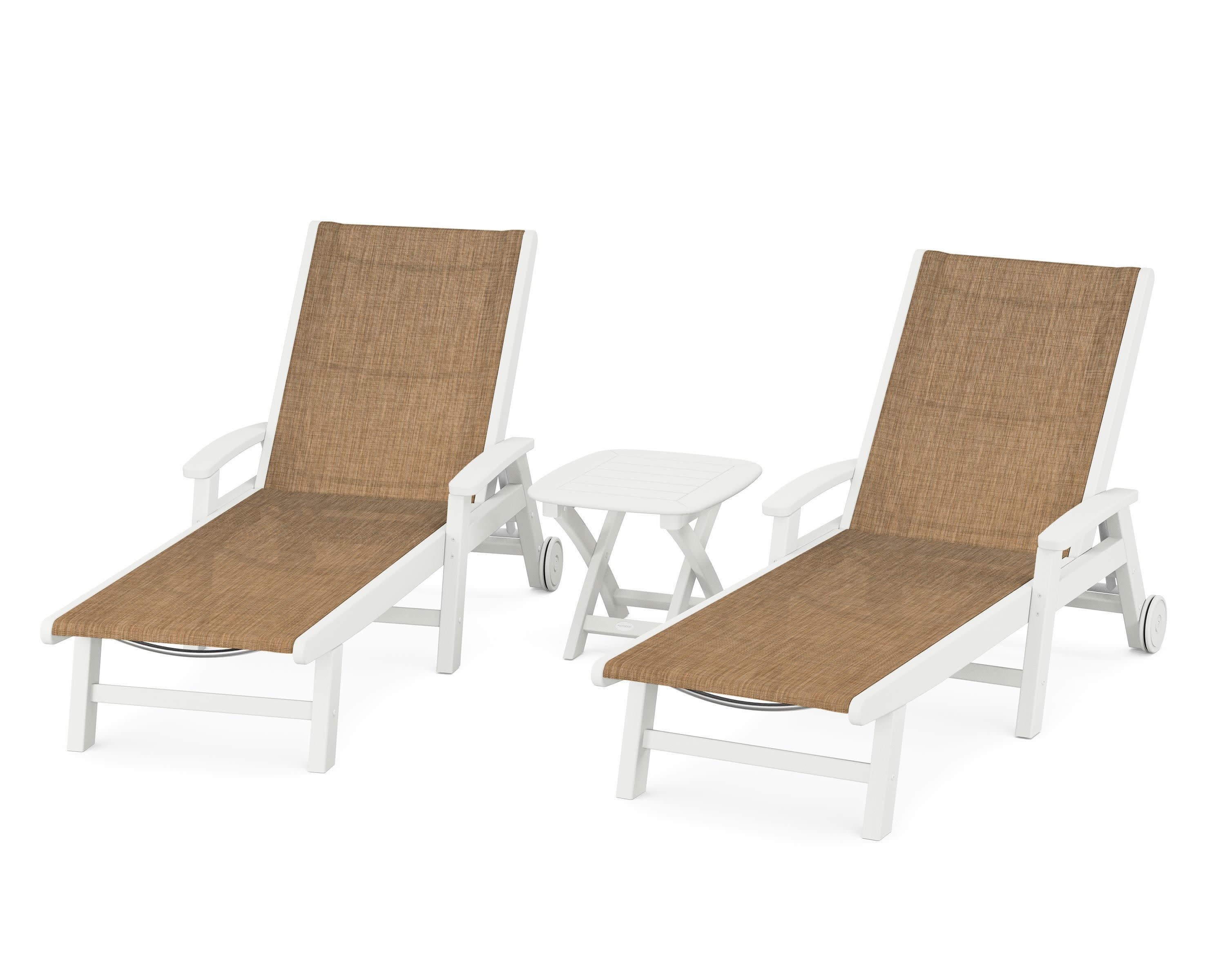 Coastal 3-Piece Wheeled Chaise Set in Vintage White / Burlap Sling