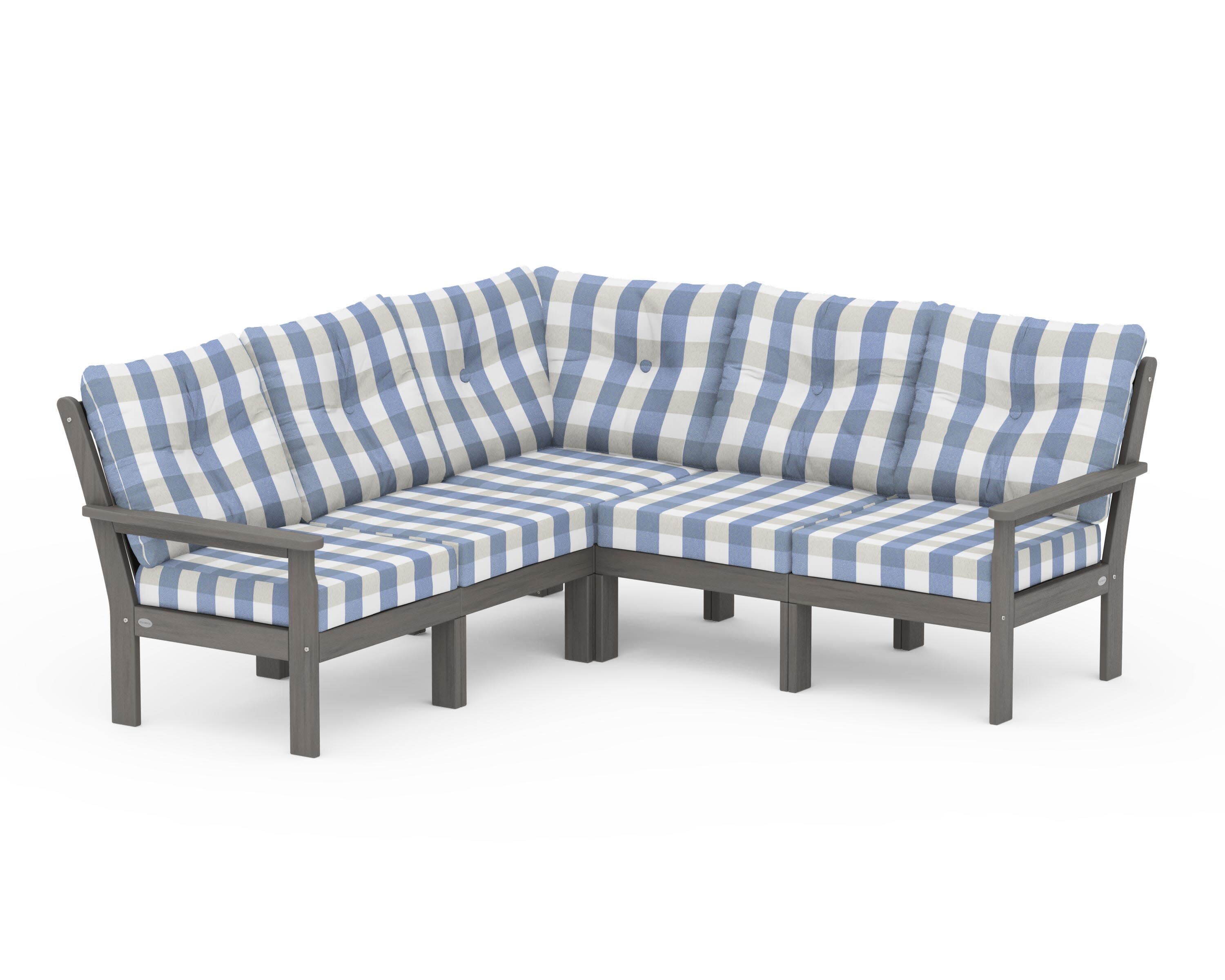 Vineyard 5-Piece Sectional in Driftwood / Buffalo Plaid Sky Blue