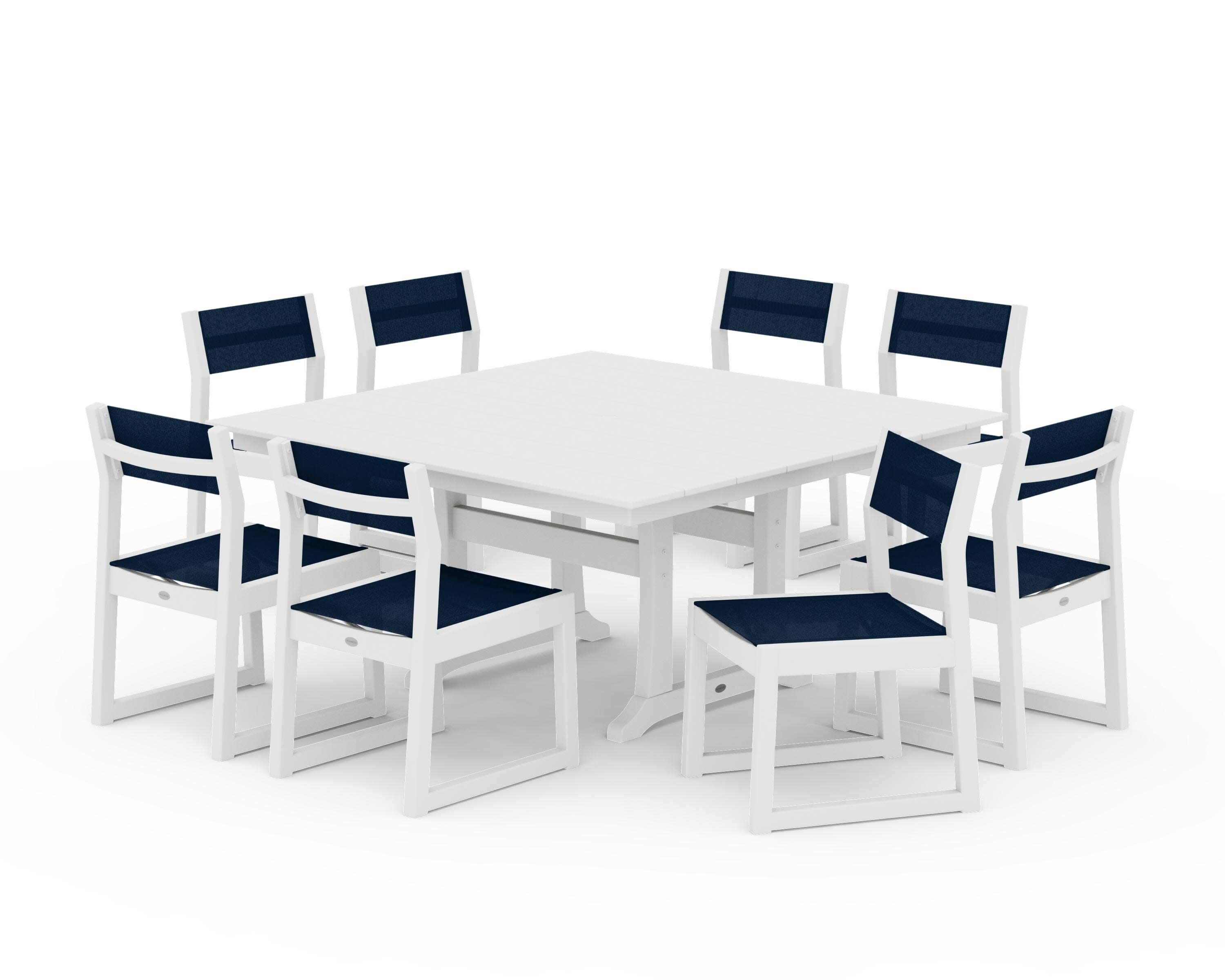 EDGE Sling Side Chair 9-Piece Farmhouse Trestle Dining Set in White / Navy Blue Sling
