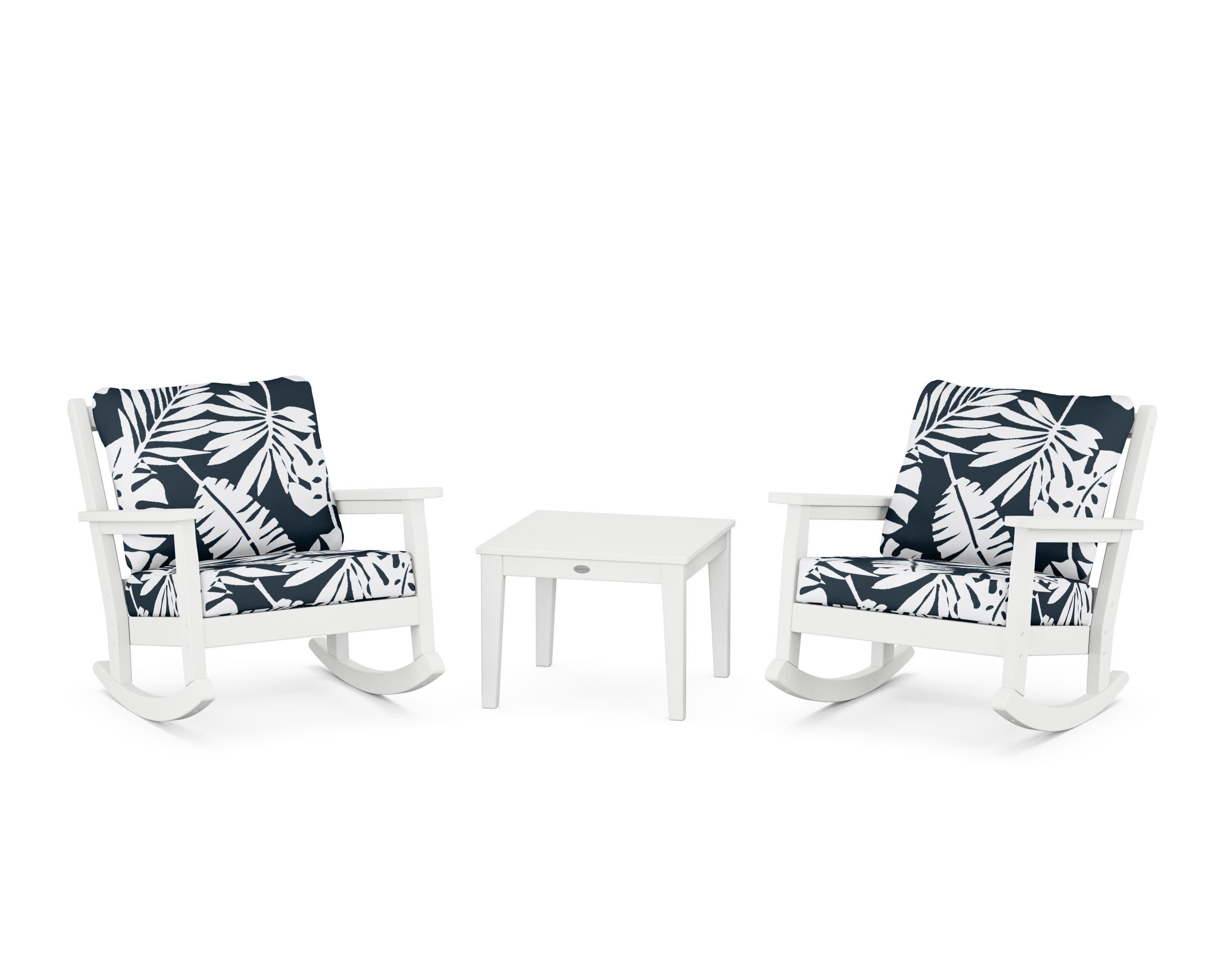 Chippendale 3-Piece Deep Seating Rocker Set in White / Leaf Marine Indigo