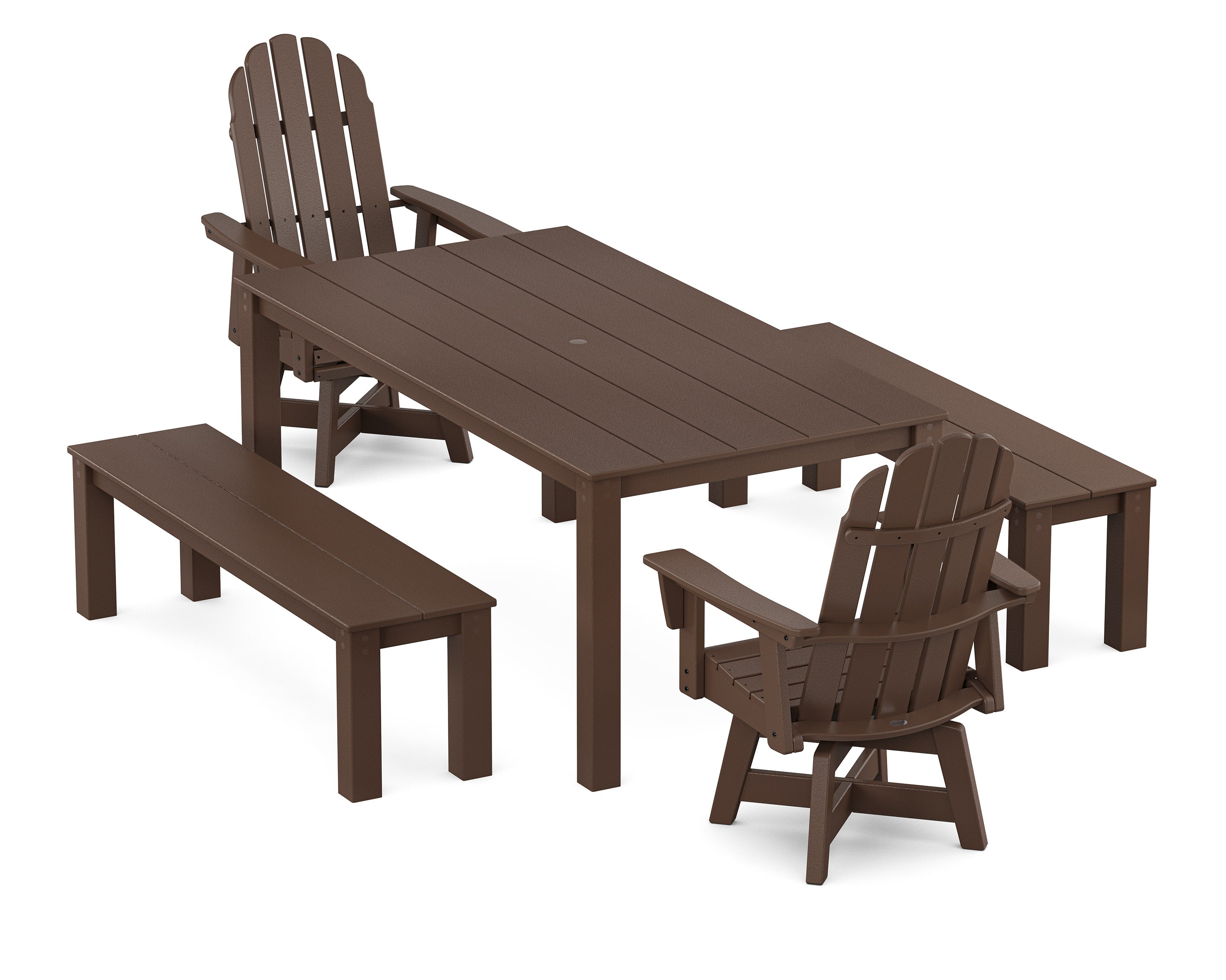 Vineyard Curveback Adirondack 5-Piece Parsons Swivel Dining Set with Benches in Mahogany