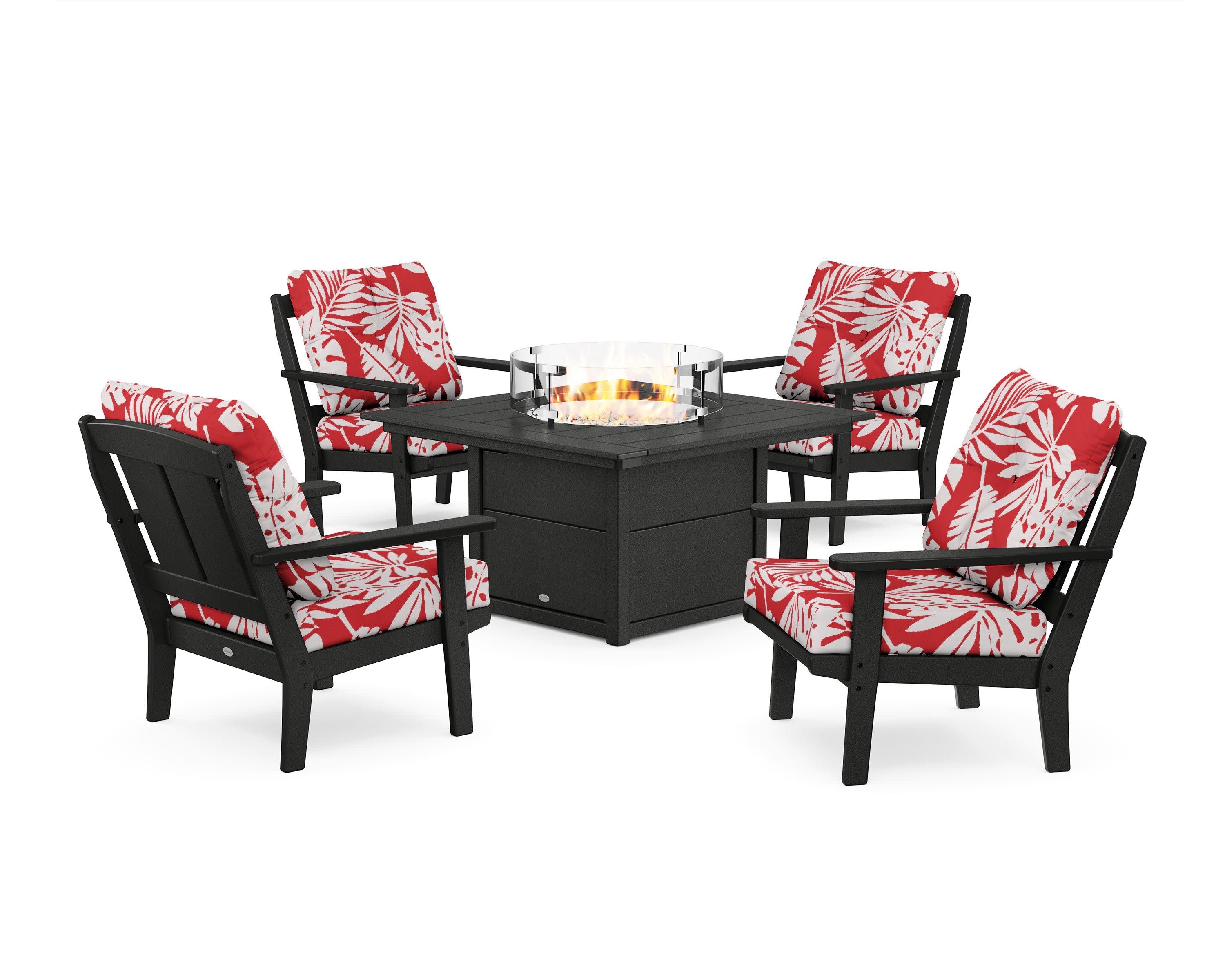 Mission 5-Piece Deep Seating Set with Fire Pit Table in Black / Leaf Crimson