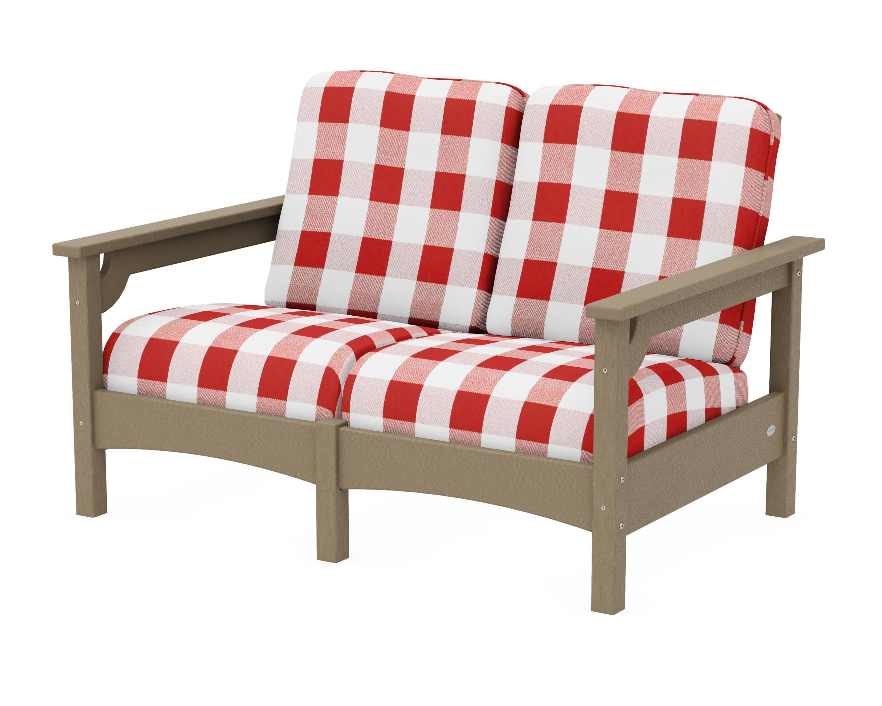 Club Loveseat in Vintage Sahara / Buffalo Plaid Crimson