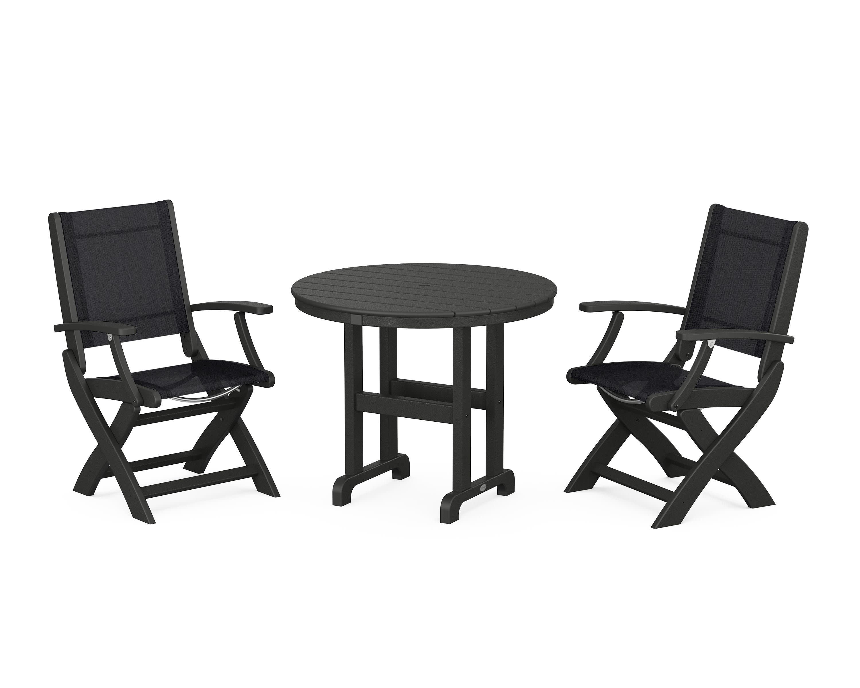 Coastal Folding Chair 3-Piece Round Dining Set in Black / Black Sling