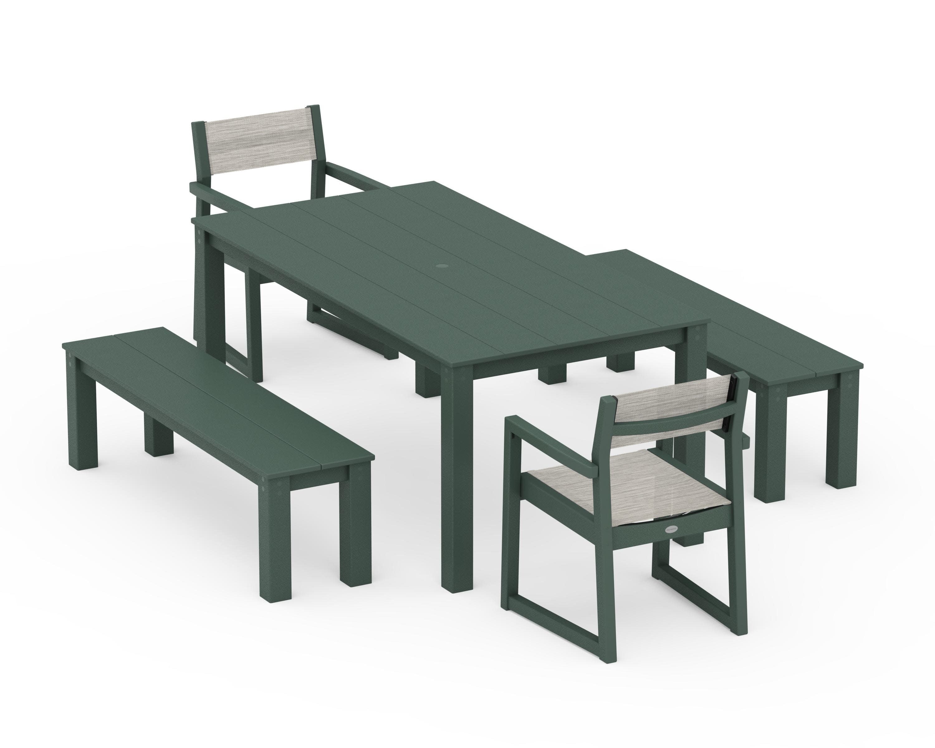 EDGE Sling Arm Chair 5-Piece Parsons Dining Set with Benches in Green / Birch Sling