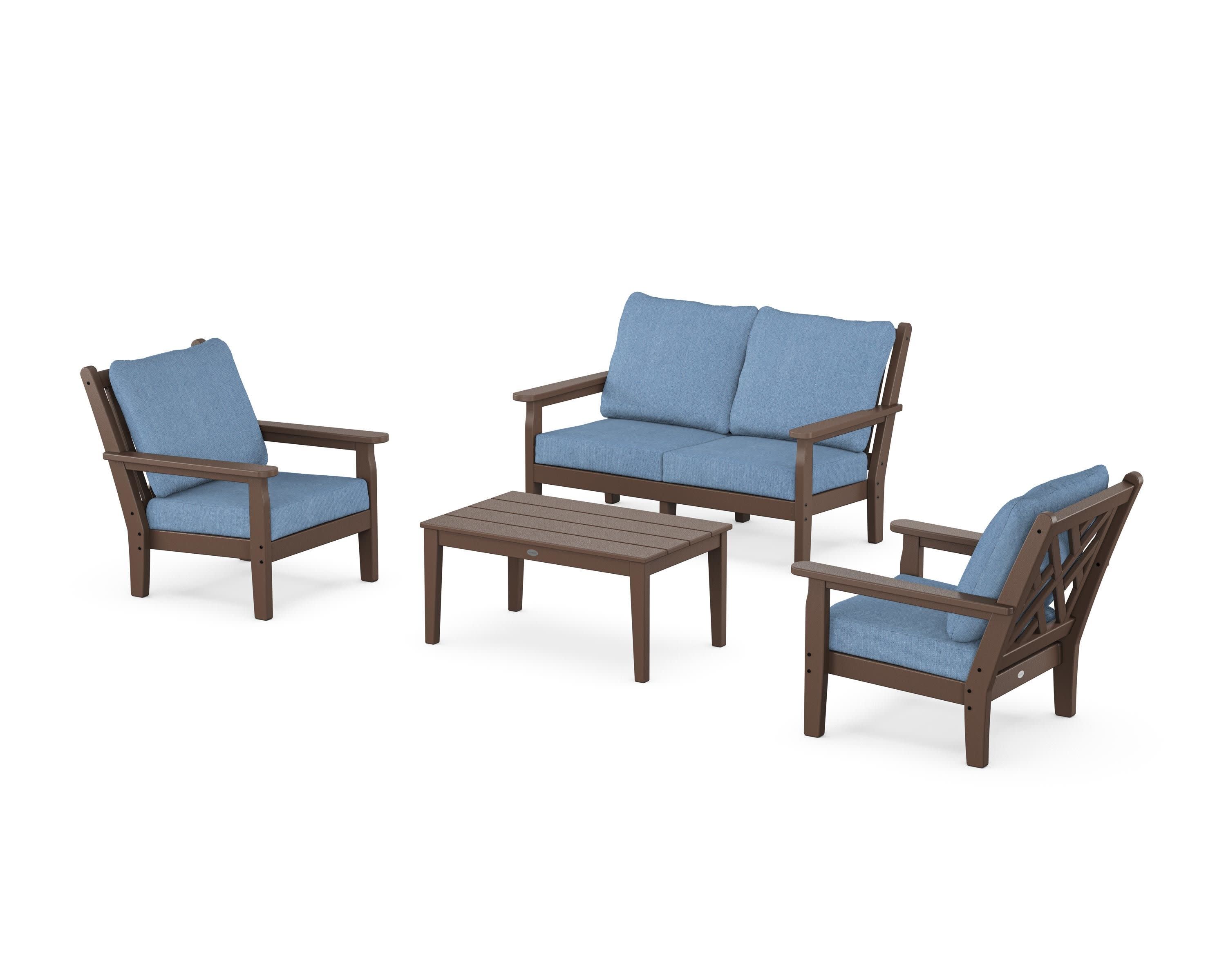 Chippendale 4-Piece Deep Seating Set with Loveseat in Mahogany / Sky Blue