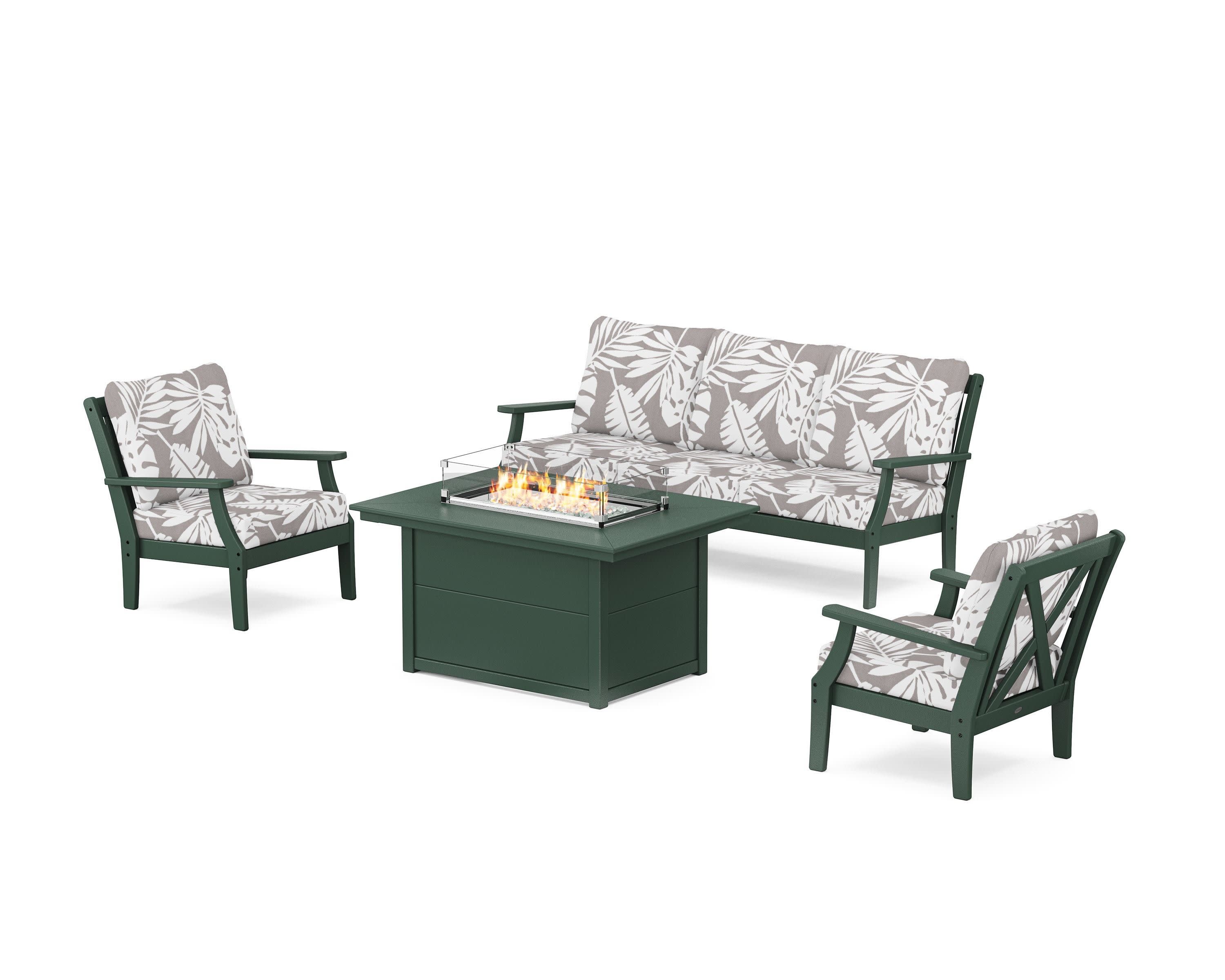 Braxton Deep Seating Fire Pit Table Set in Green / Leaf Grey Mist