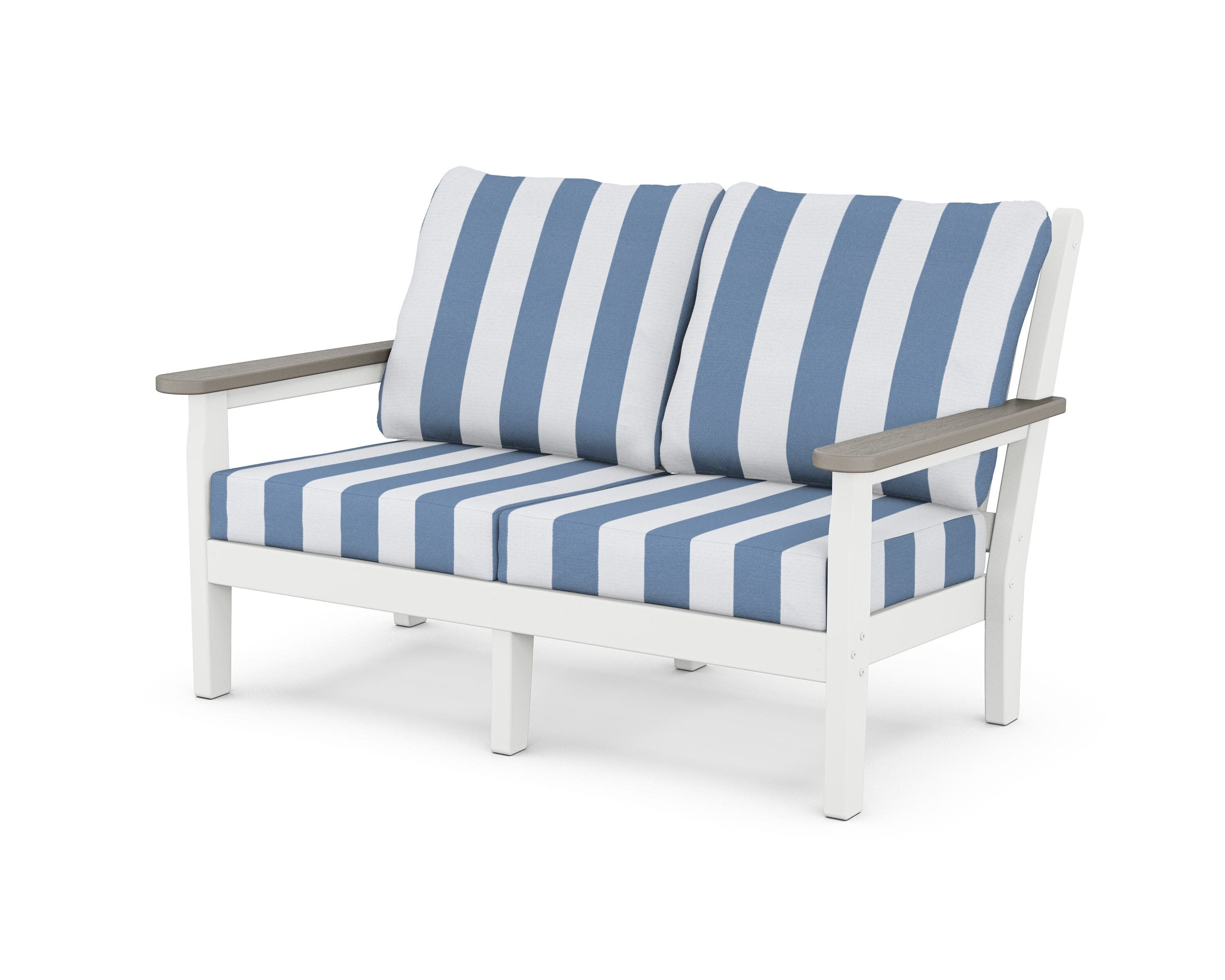 Chippendale Deep Seating Loveseat in White / Driftwood / Cabana Stripe Sky Blue