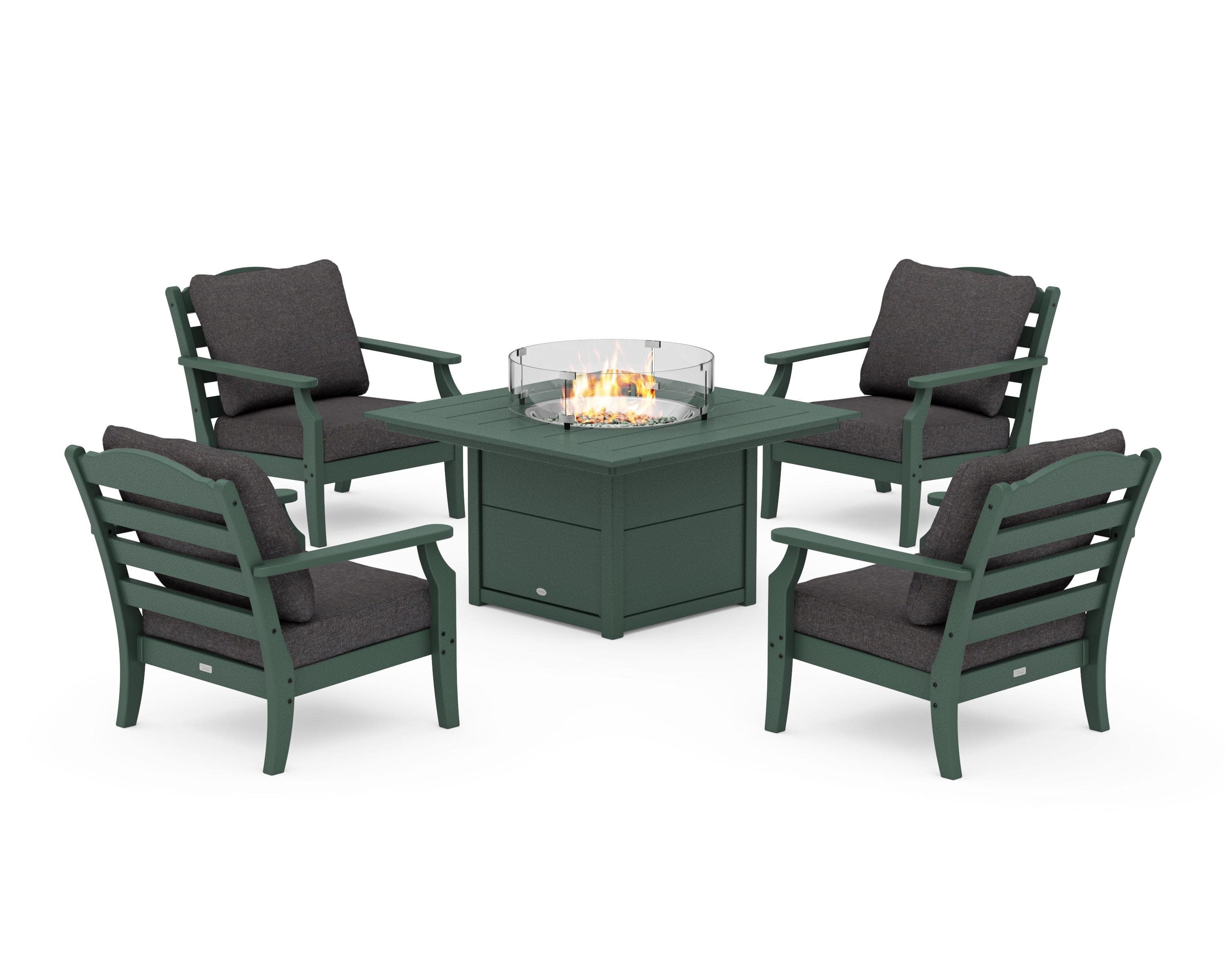 Savannah 5-Piece Deep Seating Set with Fire Pit Table in Green / Ash Charcoal