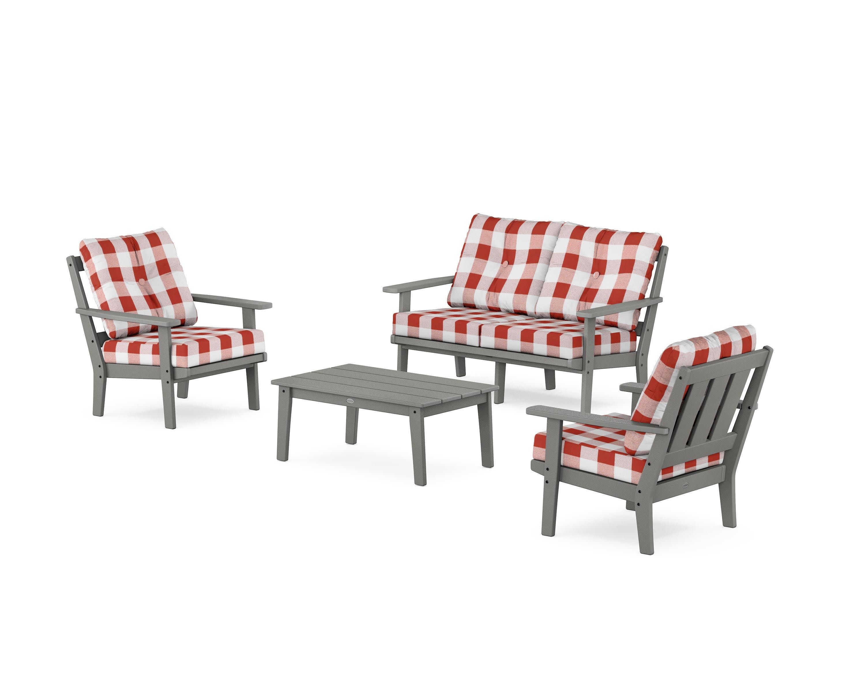 Oxford 4-Piece Deep Seating Set with Loveseat in Slate Grey / Buffalo Plaid Crimson