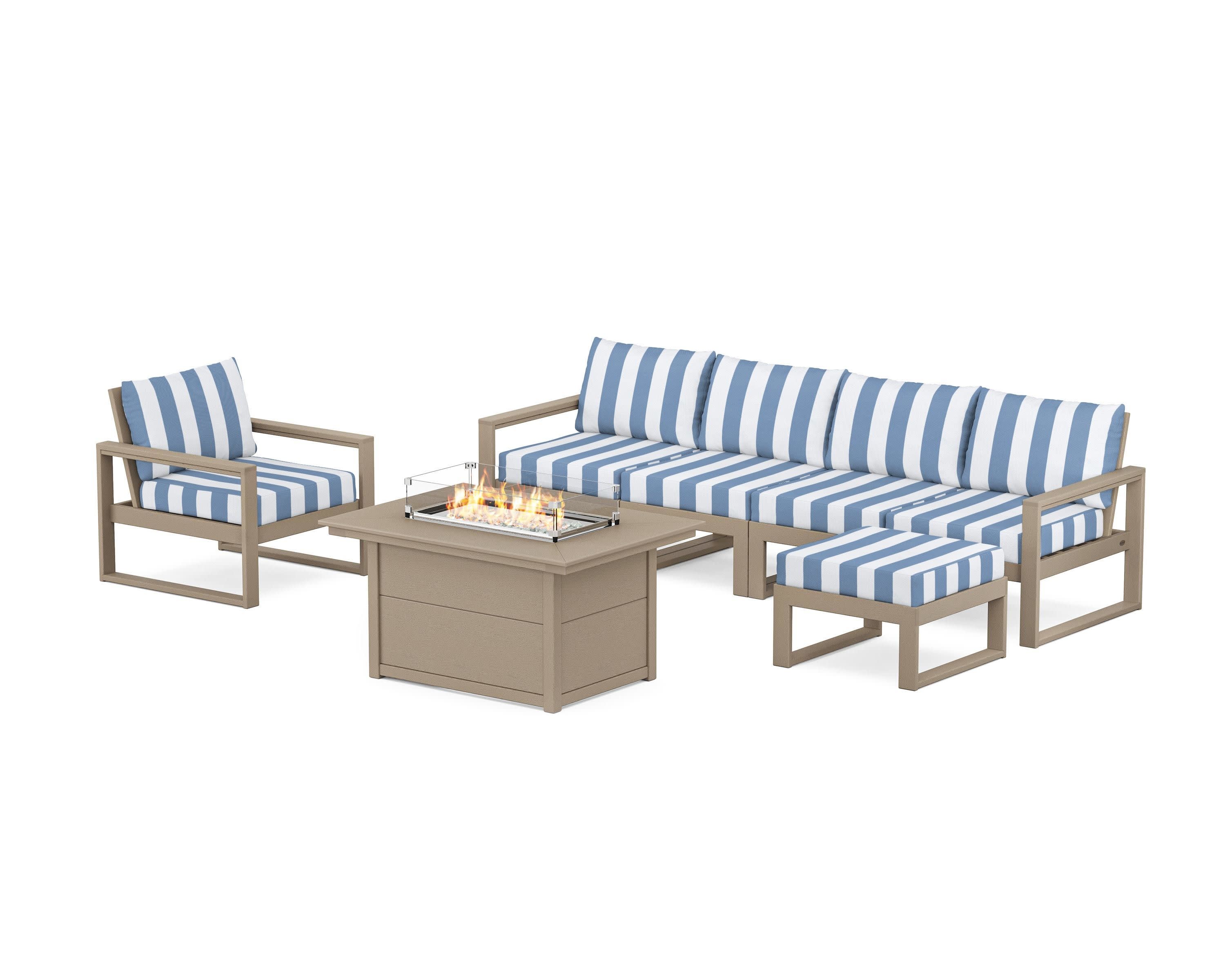 EDGE Sectional Lounge and Fire Pit Set in Vintage Sahara / Cabana Stripe Sky Blue