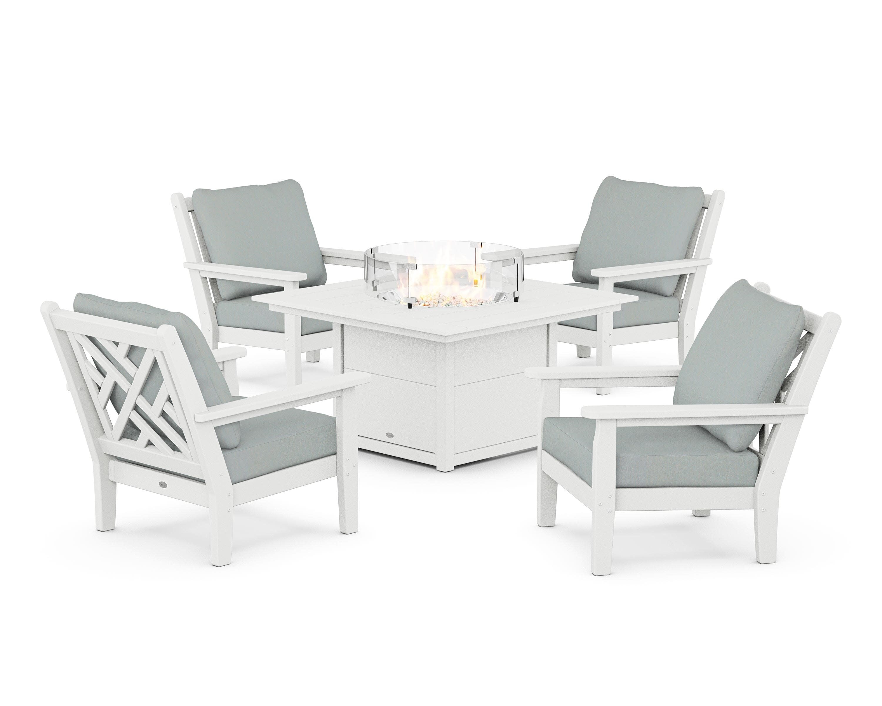 Chippendale 5-Piece Deep Seating Set with Fire Pit Table in White / Spa