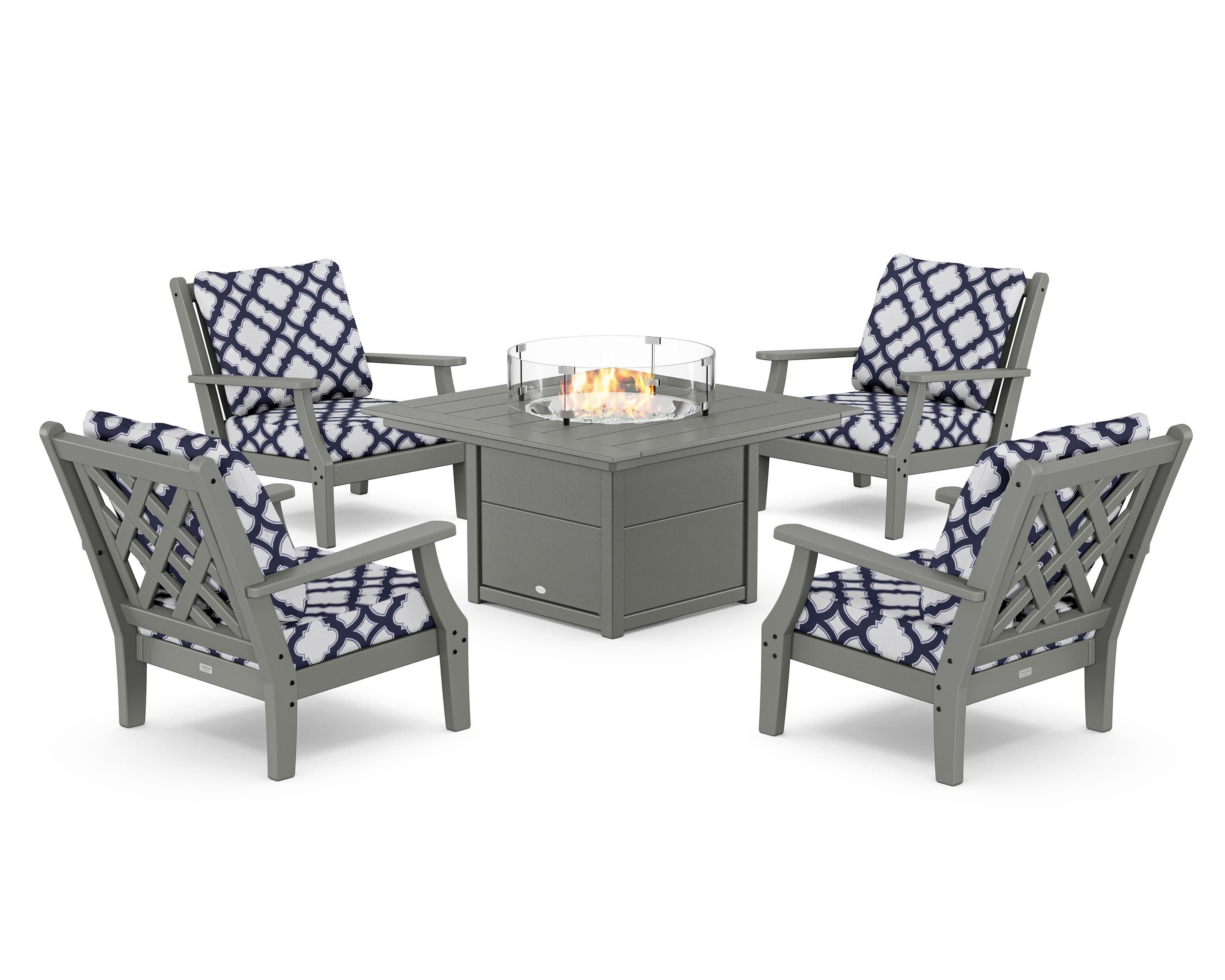 Wovendale 5-Piece Deep Seating Set with Fire Pit Table in Slate Grey / Trellis Navy