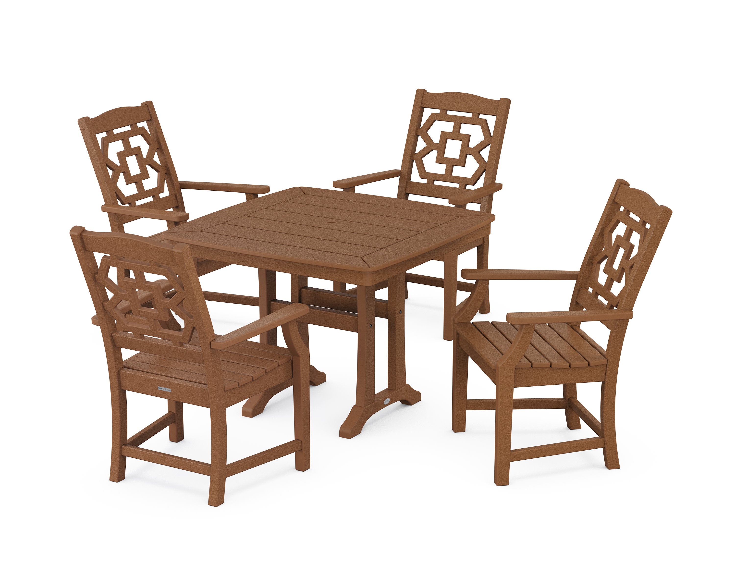 Chinoiserie 5-Piece Dining Set with Trestle Legs in Teak
