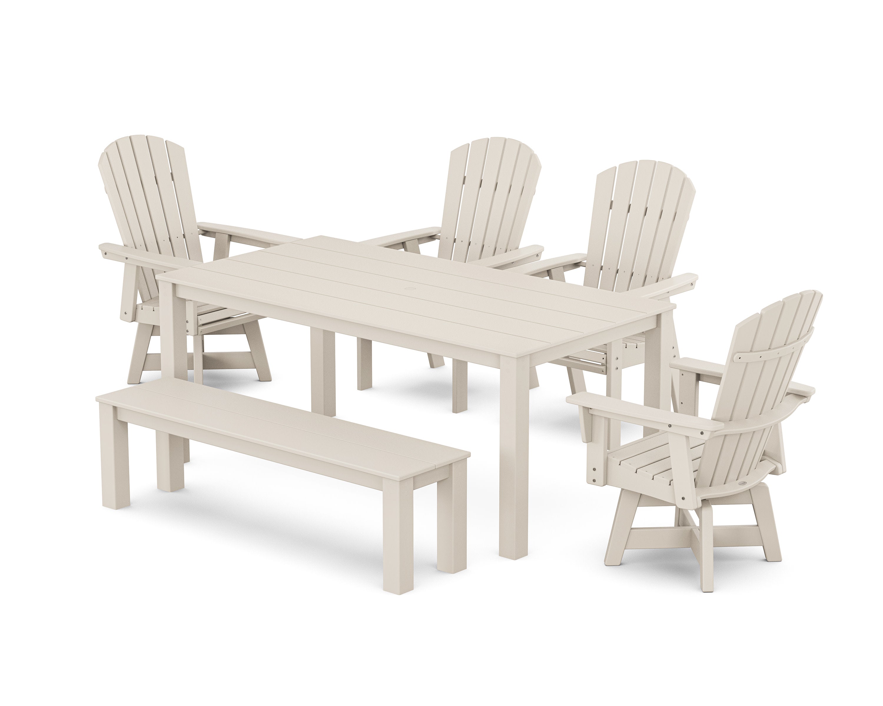 Nautical Curveback Adirondack Swivel 6-Piece Parsons Dining Set with Bench in Sand