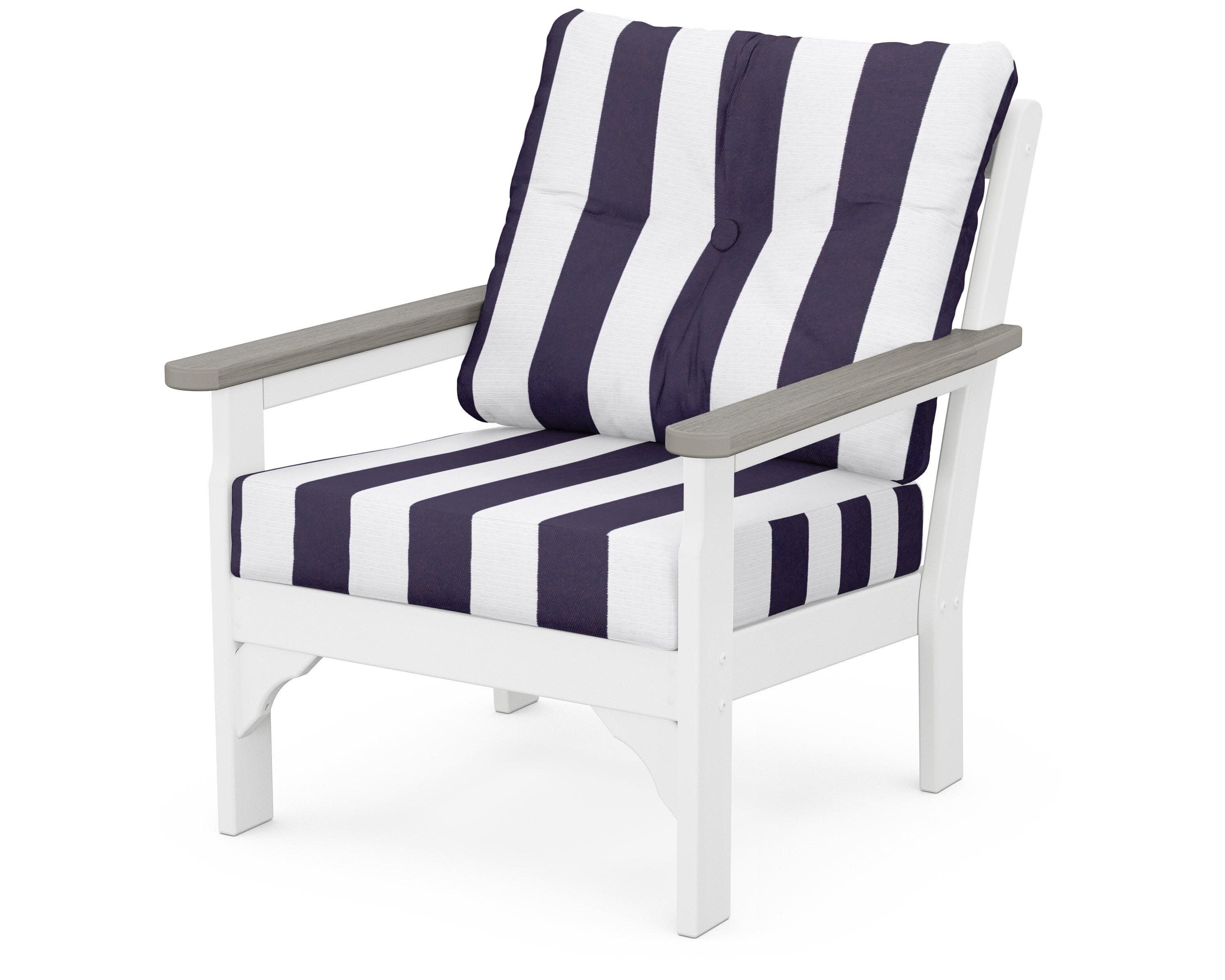 Vineyard Deep Seating Chair in White / Driftwood / Cabana Stripe Navy