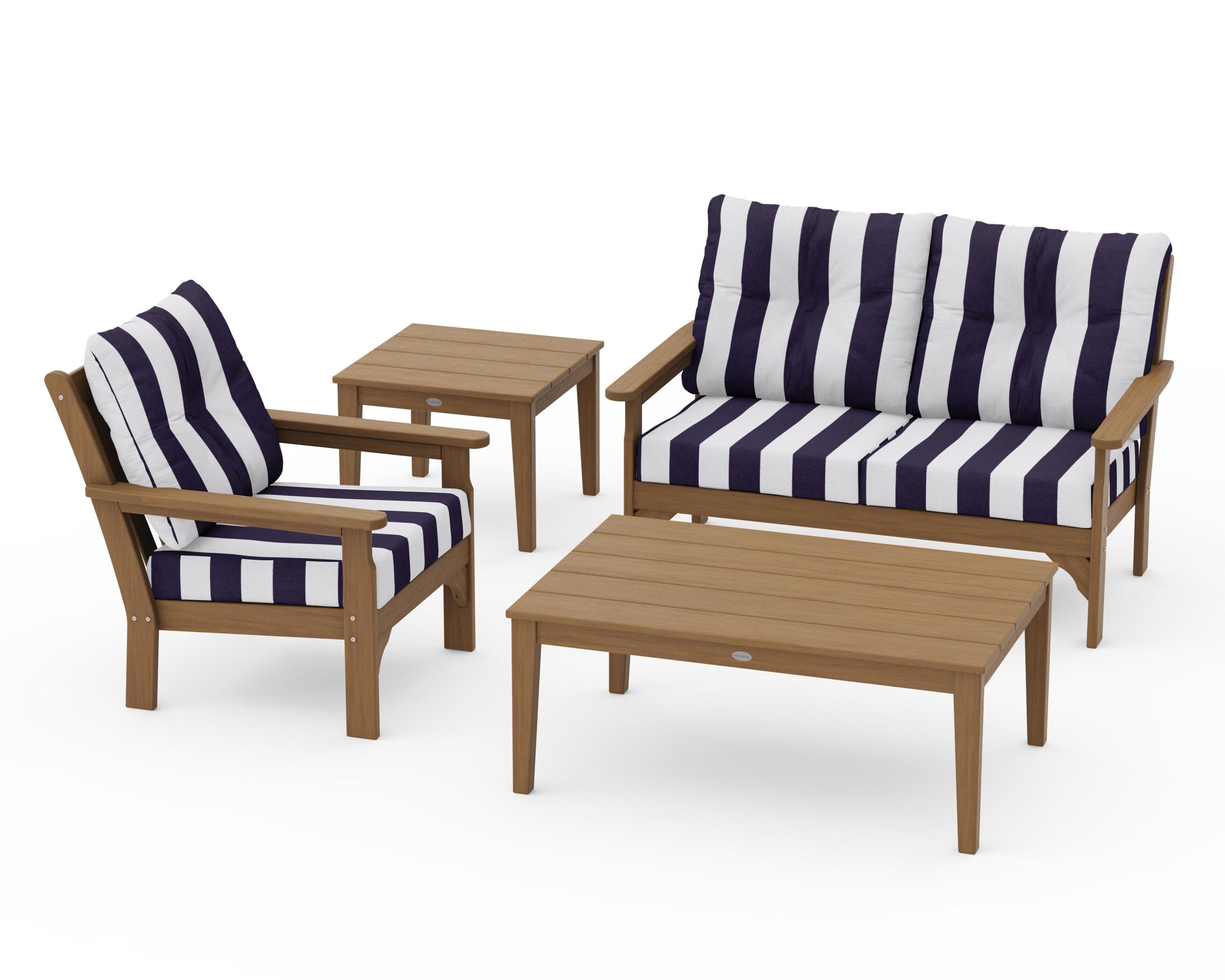 Vineyard 4-Piece Deep Seating Set in Natural / Cabana Stripe Navy