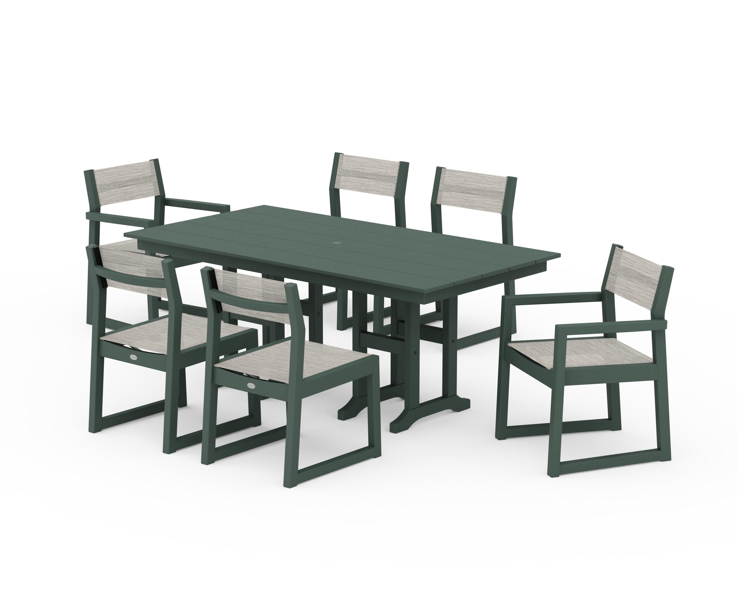 EDGE Sling 7-Piece Farmhouse Dining Set in Green / Birch Sling
