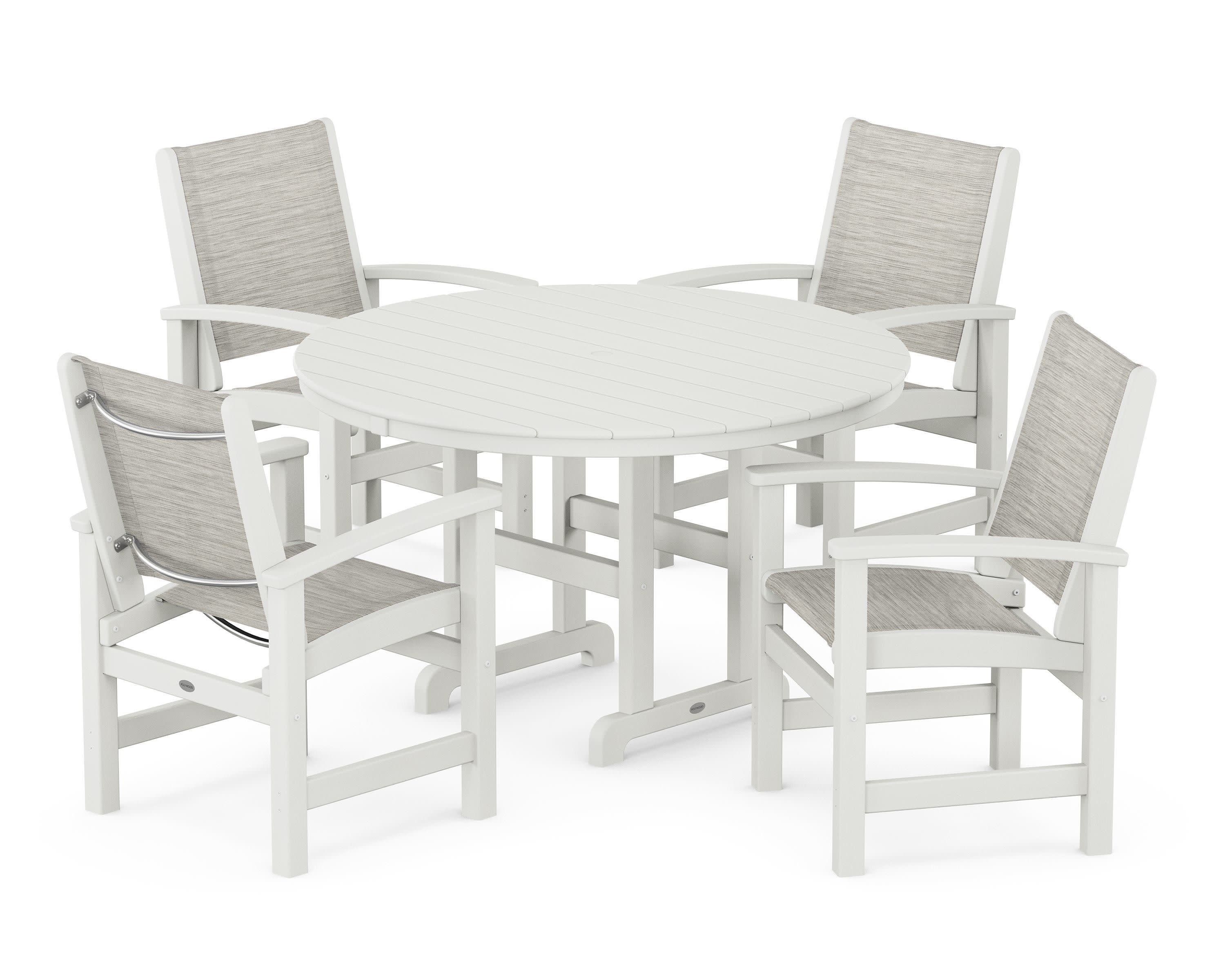 Coastal 5-Piece Round Farmhouse Dining Set in Vintage White / Birch Sling